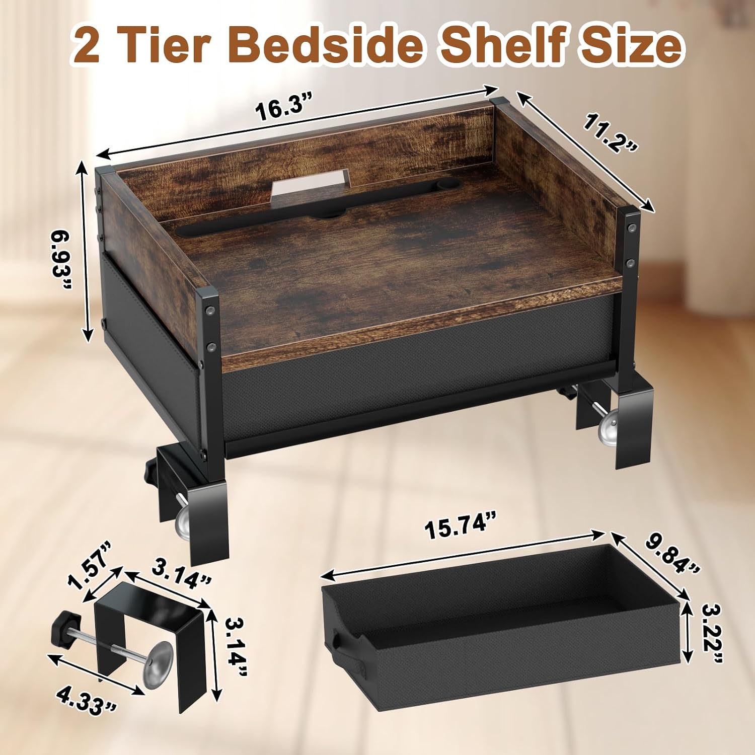 2 Tier Bedside Shelf - Clip on Bedsides Caddy Organizer for Dorm Bunk Beds, Floating Nightstand Bed Side Table Storage with Fabric Drawer, Bunk Bed Accessories Bedside Tray for College, Back to School
