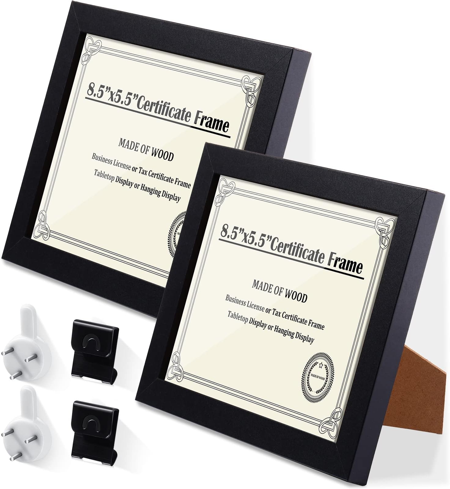 5.5 x 8.5 Inch Business License Frame Certificate Diploma Frame Document Wood Picture Frame with Wall Hangers Self Standing Solid Tax Certificate Frame for Wall and Tabletop, Black (2 Pcs)