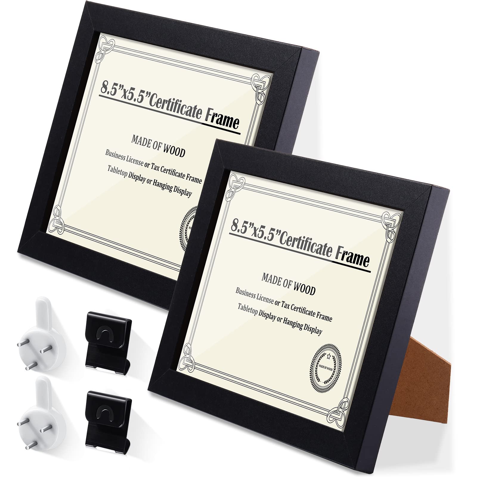 5.5 x 8.5 Inch Business License Frame Certificate Diploma Frame Document Wood Picture Frame with Wall Hangers Self Standing Solid Tax Certificate Frame for Wall and Tabletop, Black (2 Pcs)