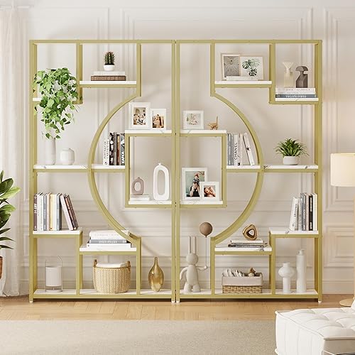Vista 4 de Estantería Moderna para Libros, Estantería Blanca y Dorada, Estantería Etagere de 70.8 Pulgadas de Alto, Juego de 2 Estantes de Exhibición Mármol