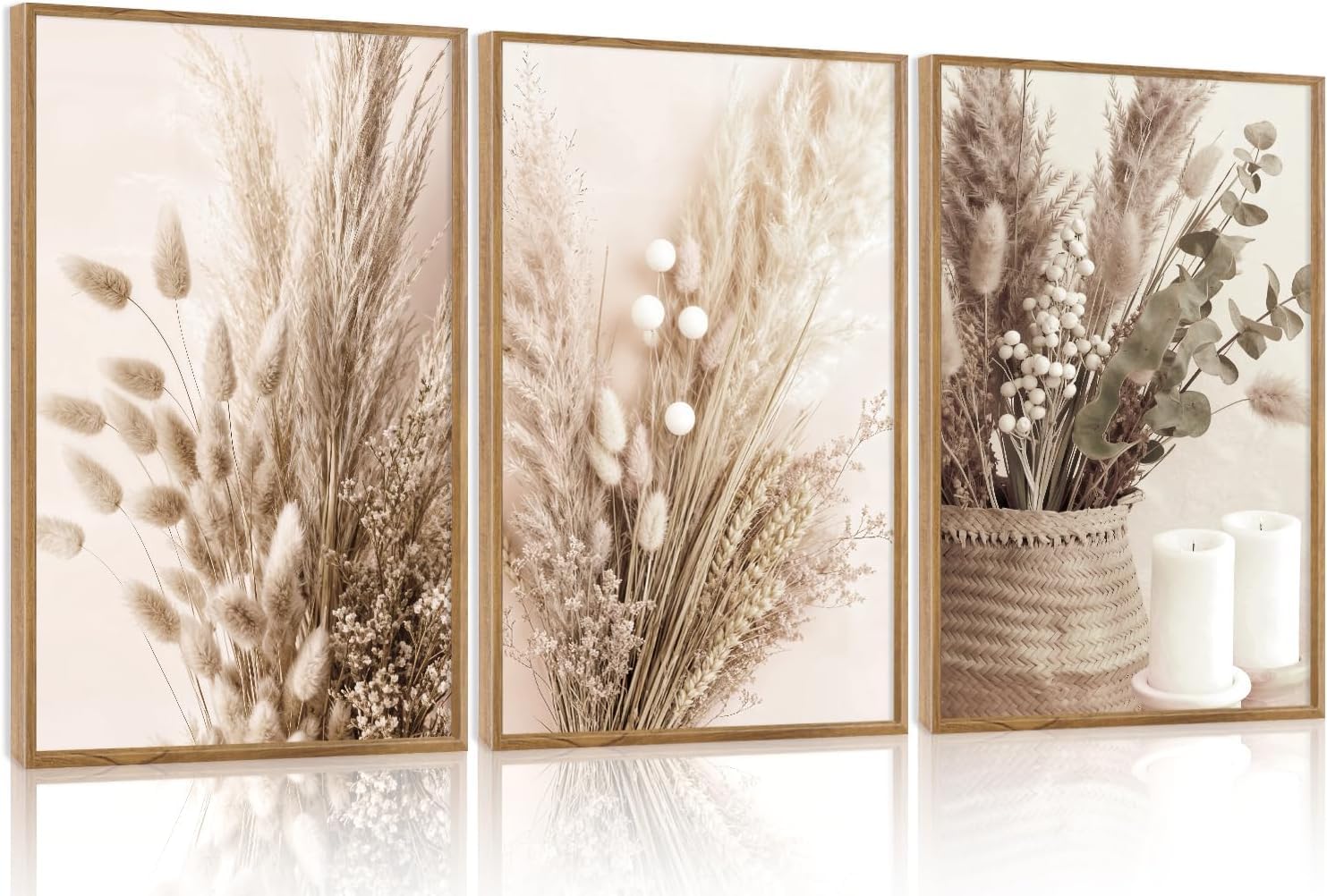 Lianyibo Frameless Neutral Beige Floral Wall Art, Vintage Botanical Flowers Canvas Poster Boho Pampas Grass Prints For Living Room Office(60X90cmx3/Frameless)