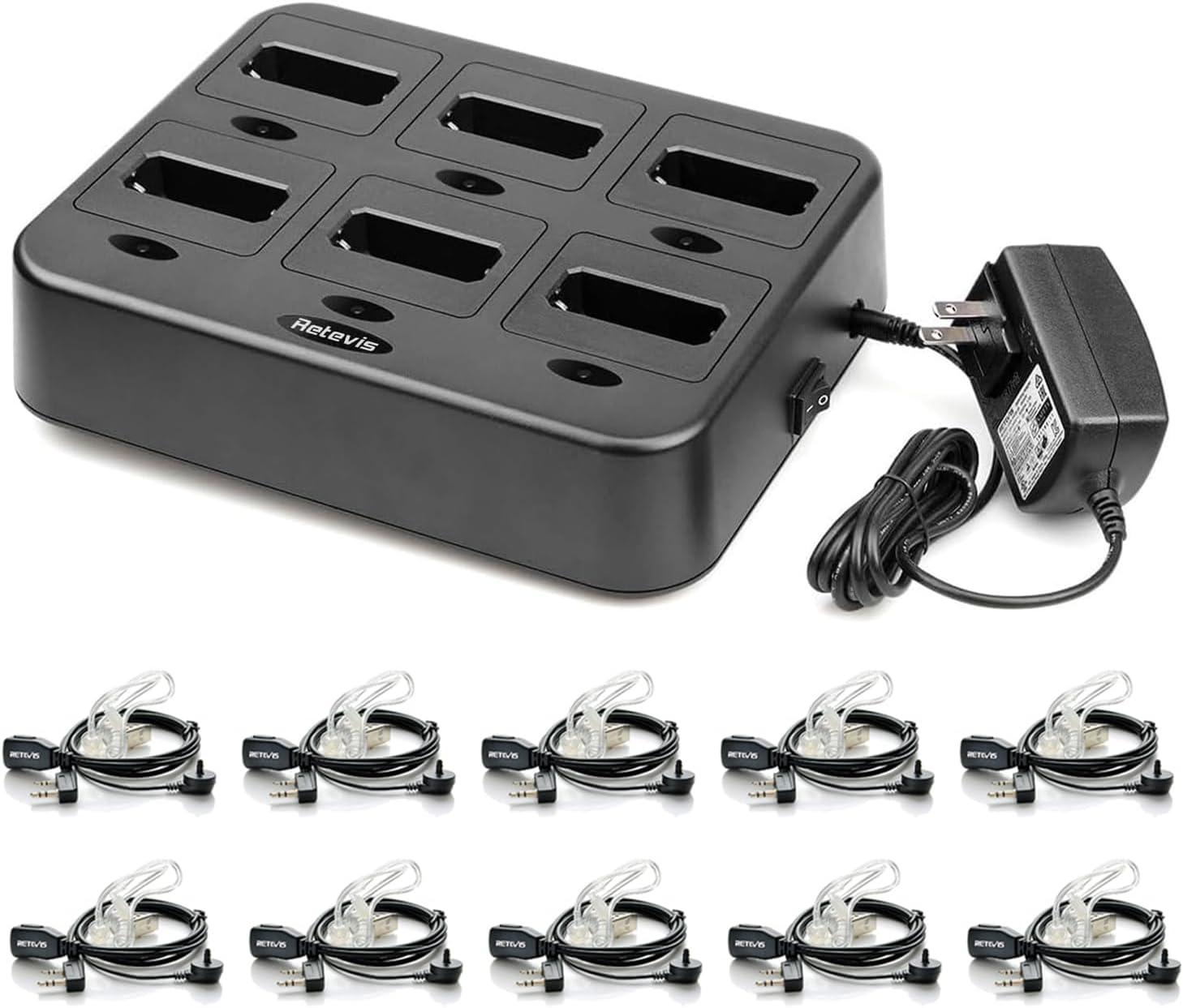 Retevis Walkie Talkies Earpiece (10 Pack) Bundle with RT22 Six-Way Charger(1 Pack),with Mic 2 Pin Acoustic Tube Headset,Compatible RT22 RT22S RB19 RB19P RB39 RB39P Walkie Talkie