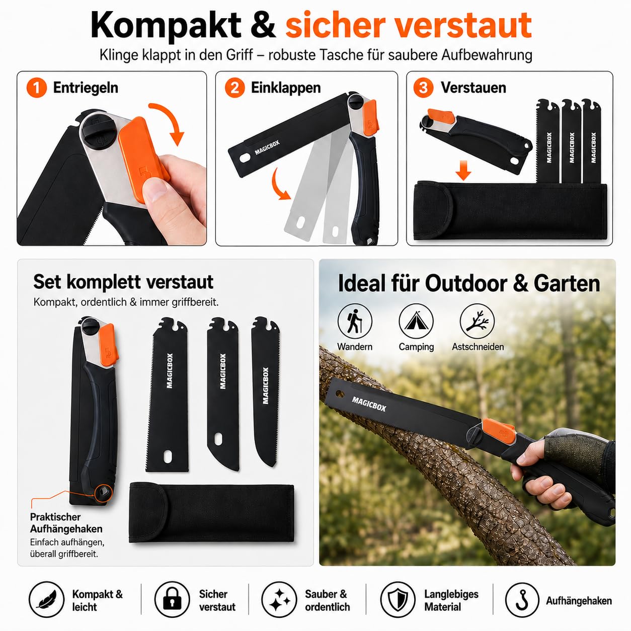 Magicbox Klappsäge Set mit 4 austauschbaren SK5-Sägeblättern, Japansäge Klappbar mit Sicherheitsverschluss, 2 Winkelpositionen, rutschfestem Griff & Canvas-Tasche für Holz, Äste, DIY, Outdoor