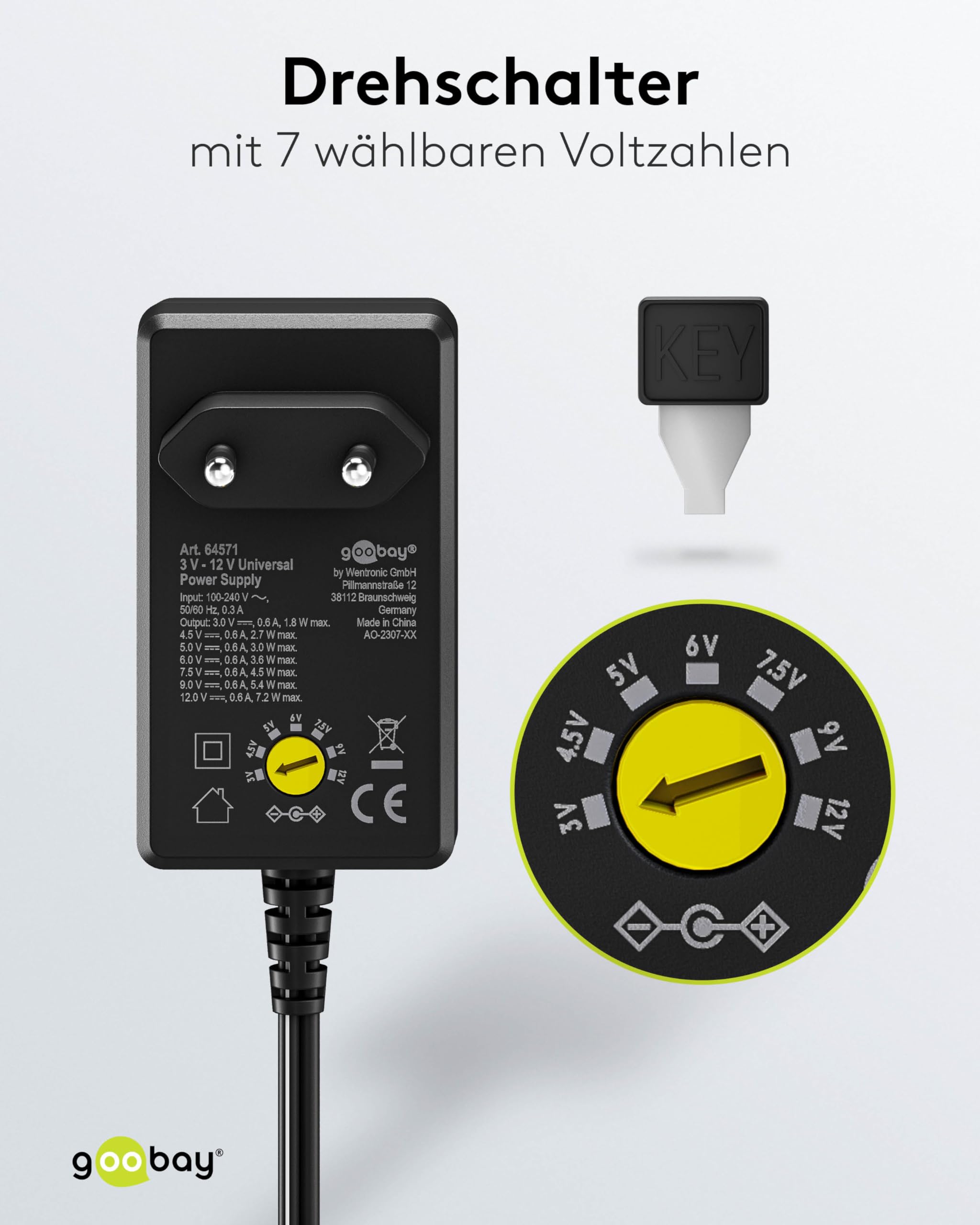 Goobay 59034 universele voeding 5 V - 15 V max. 36 W voeding met adapter 2 x jack plug & 6 x DC stekker 3000 mA stekkervoeding zwart