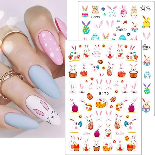 Miniatura 5 de Calcomanías de uñas de conejo 3D, 10 hojas de huevos de Pascua, pollo, zanahoria, conejo, calcomanías para manicura de primavera, decoración de uñas