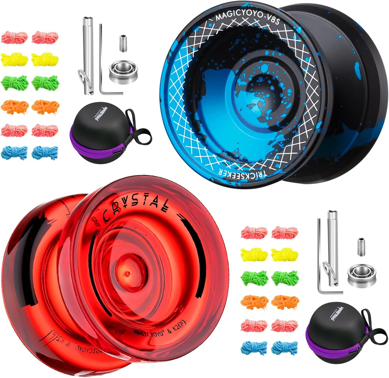 Pack of 2 Yoyos - V8s Black Blue Dual Purpose Yoyo + K2 Crystal Red Responsive Yoyo