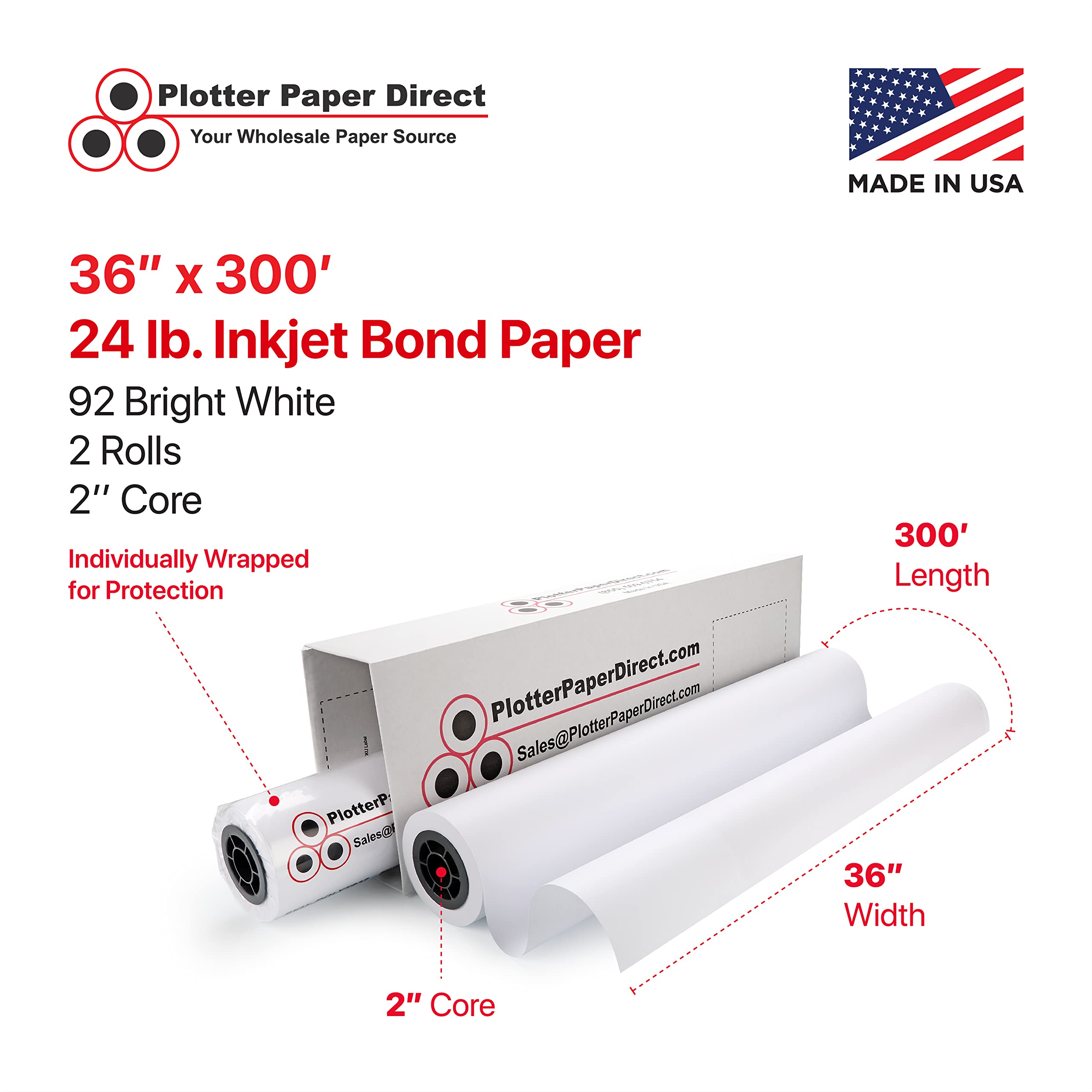 Plotter Paper Direct (24 libras | 2 rollos, 36 pulgadas x 300 pies | núcleo de 2 pulgadas) rollo de papel de inyección de tinta sin revestimiento