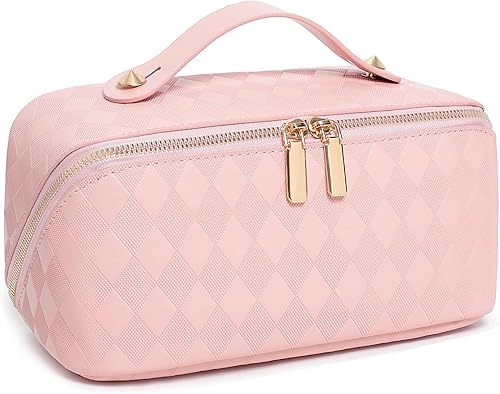 Katadem Bolsa de maquillaje de viaje, bolsa de maquillaje de gran apertura, bolsa de maquillaje portátil que se abre plana para un fácil acceso,