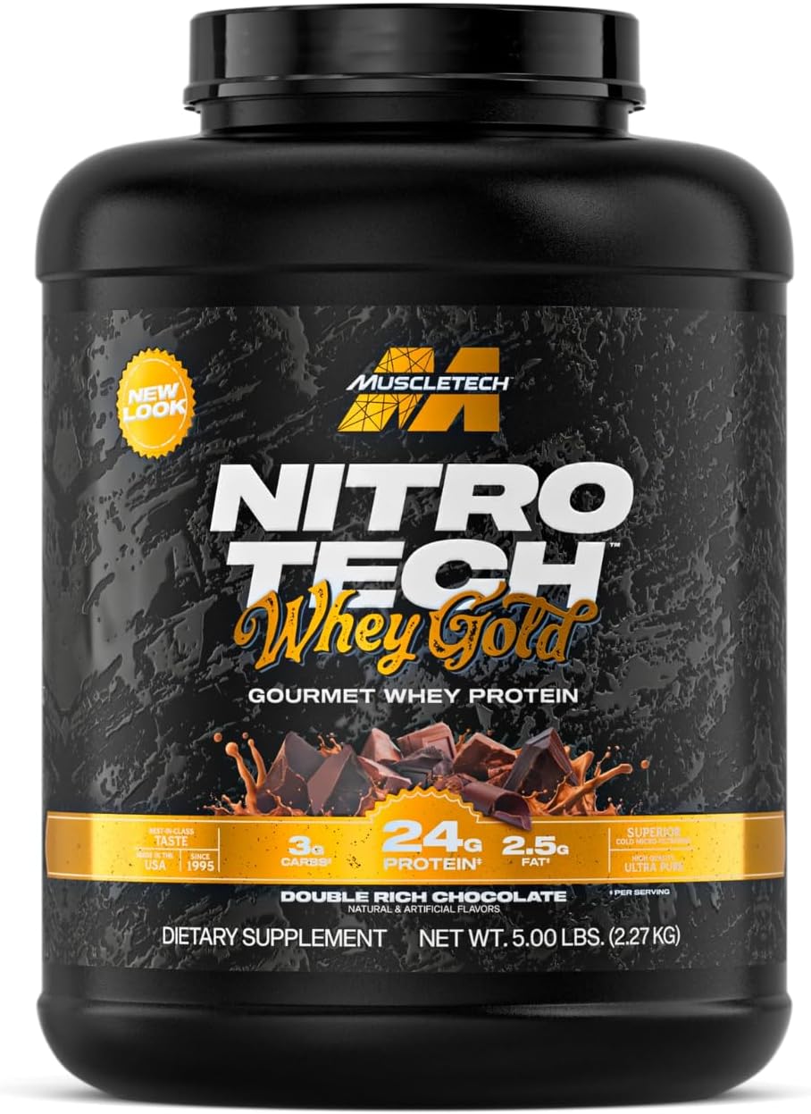 Muscletech | Nitro-Tech 100% Whey Gold Protein Formula with Peptides & Isolate Primary Source Support Fast Recovery & Enhance Builder Muscle Gluten Free Protein Drink, Double Rich Chocolate, 5.00 lbs