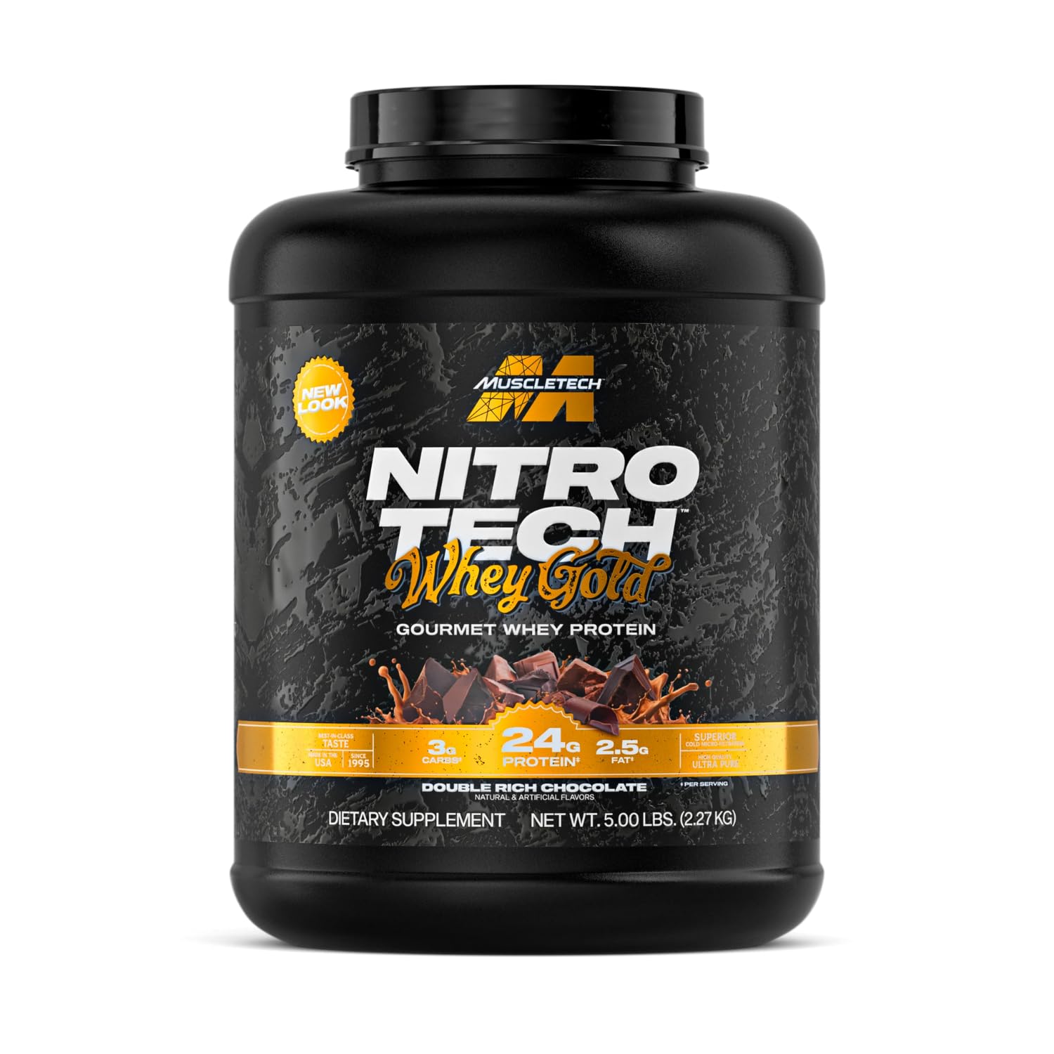 Muscletech Nitro-Tech 100% Whey Gold Protein Formula with Peptides & Isolate Primary Source Support Fast Recovery & Enhance Builder Muscle Gluten Free Protein Drink, Double Rich Chocolate, 5.00 lbs 5 Lbs
