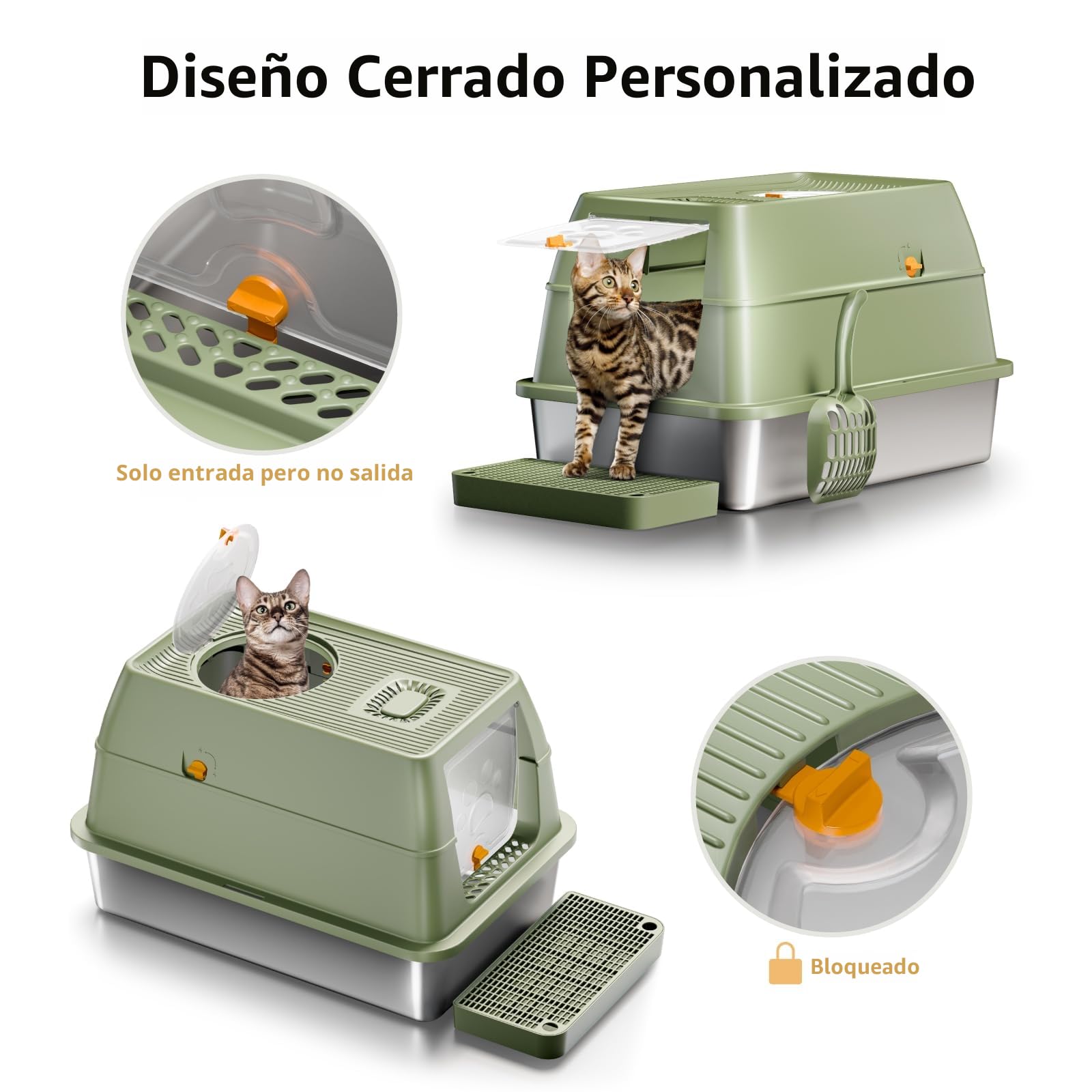 Arenero Acero Inoxidable Gatos, XXL Arenero Cerrado para Gatos, 60 x 40 x 39 cm, Caja de Arena con Pala - Verde
