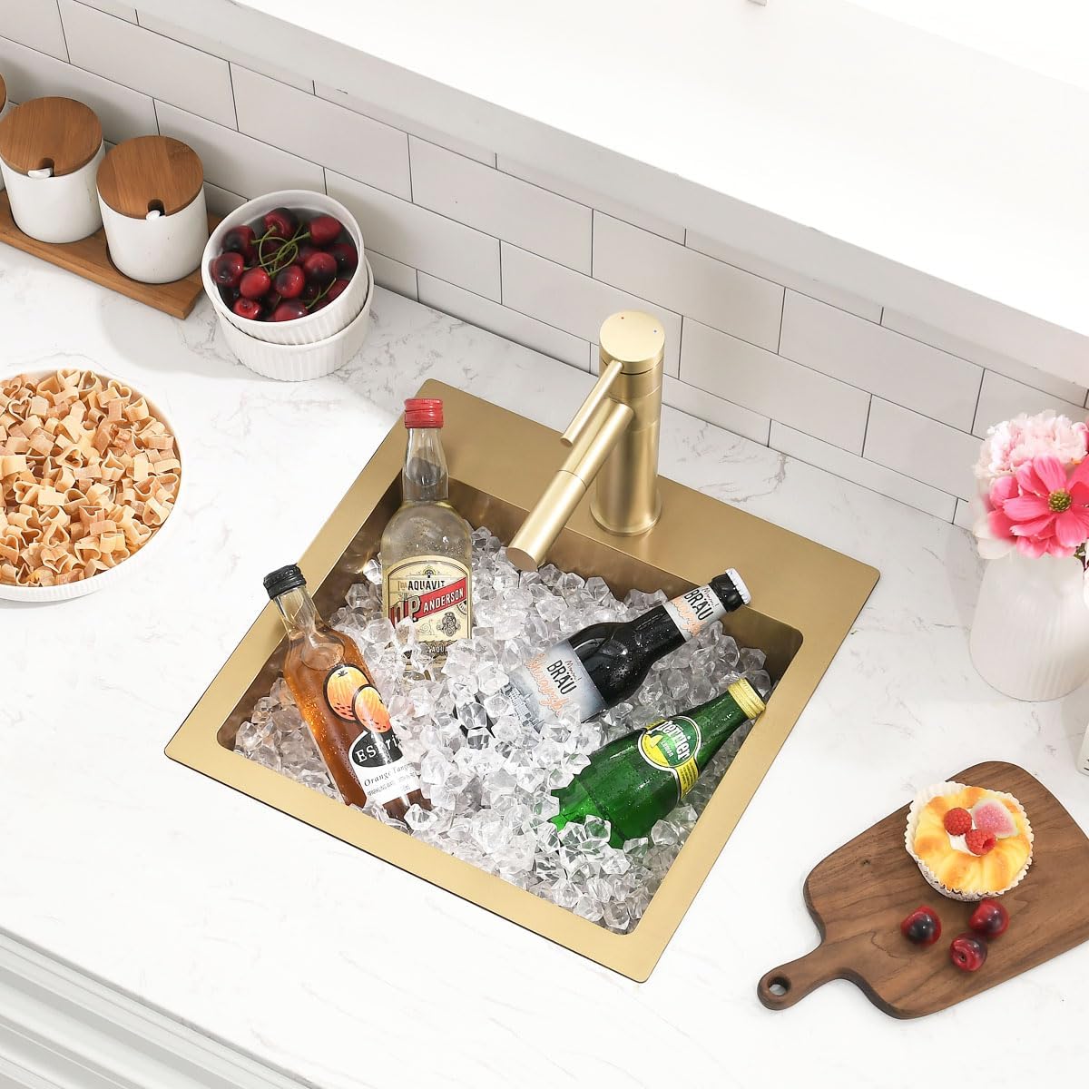 15" Drop In Kitchen Sink Gold -SZBAQTM 15"x15"x10" Stainless Steel Topmount Sinks 18 Gauge T304 Single Bowl Kitchen Sink with Pull-Out Faucet (Gold, 15"x15"x10")