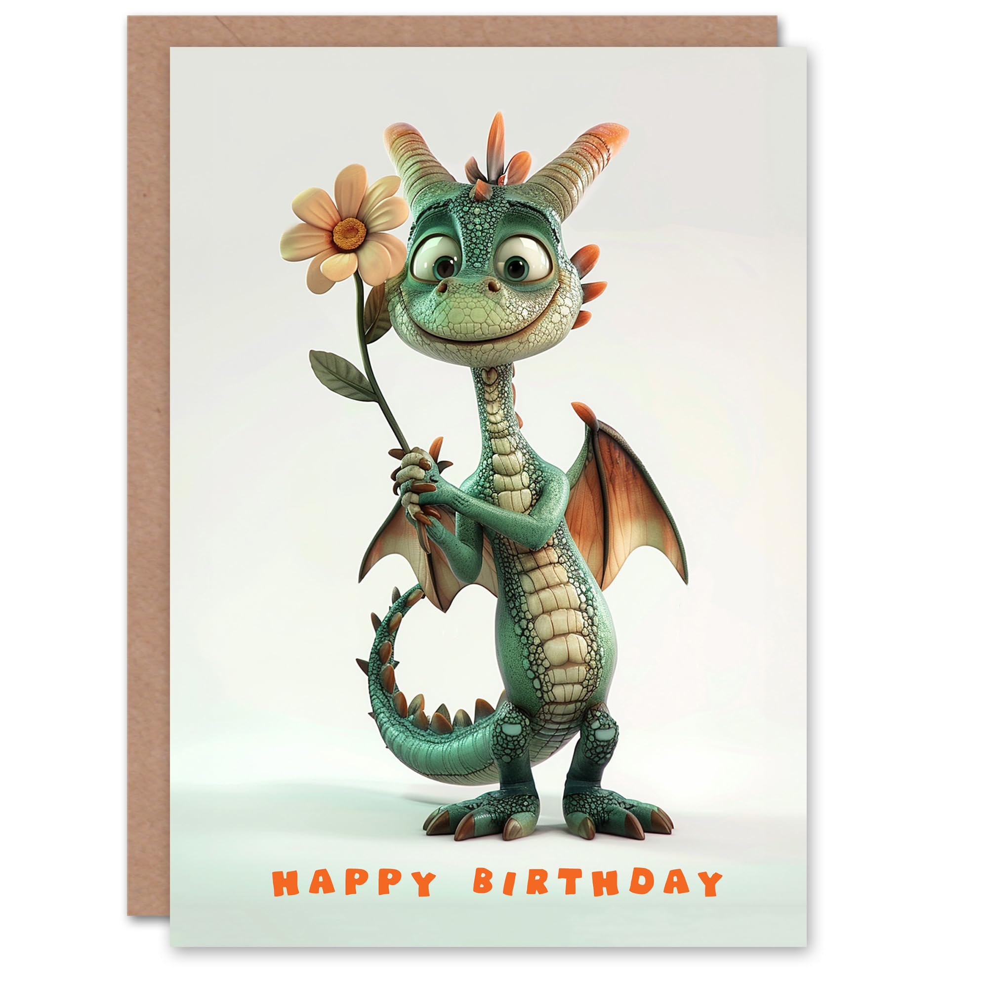 Birthday Card Cute Dragon with Daisy Flower Cartoon For Girl Boy Kids