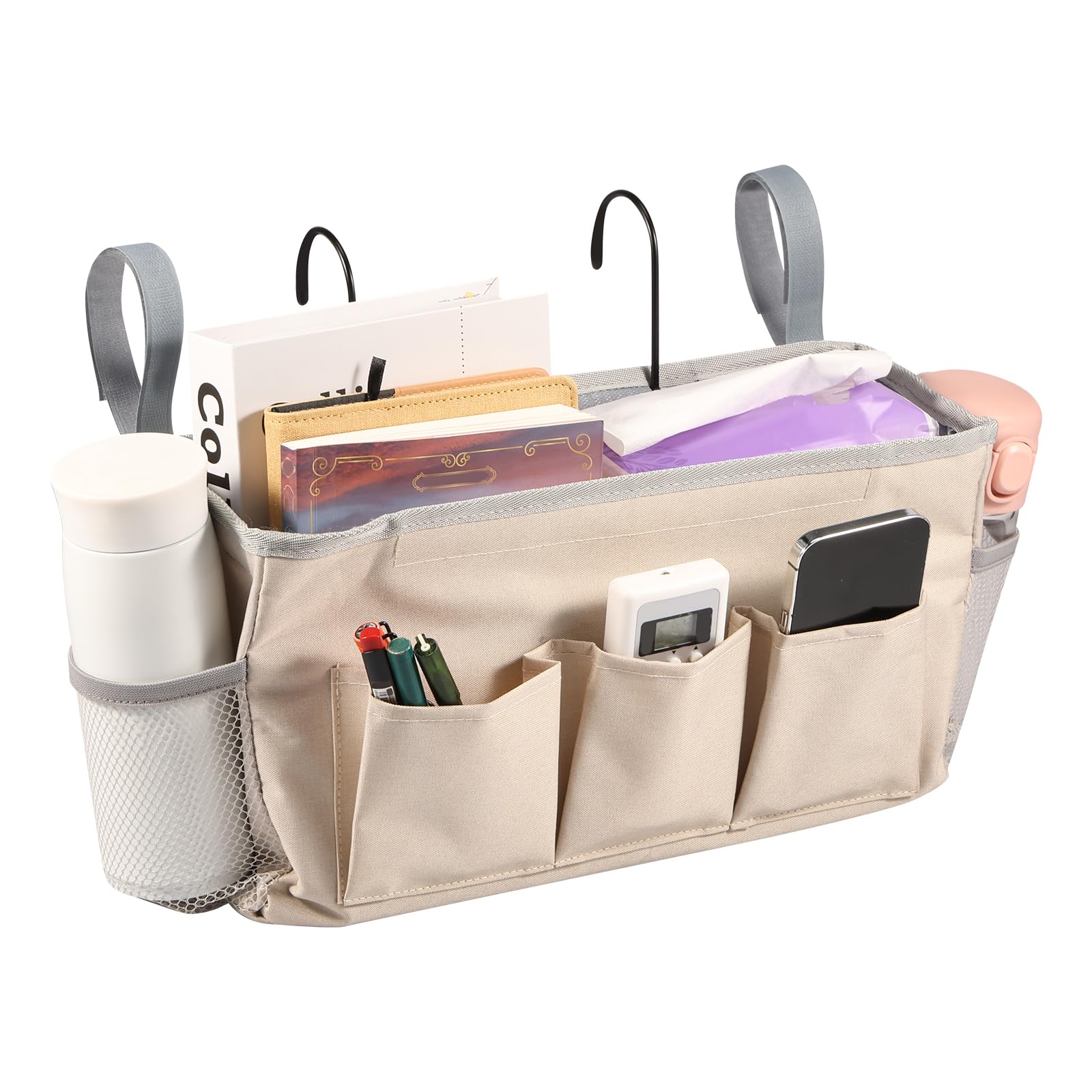 Qinglang Beige Bunk Bed Shelf Bedside Hanging Storage Caddy Large Capacity Bedside Storage Pocket Organiser Multi-Functional Tidy Bed Clutter Sorting Hanging Basket Magazine Book Storages Bag For Dormitory (Beige)