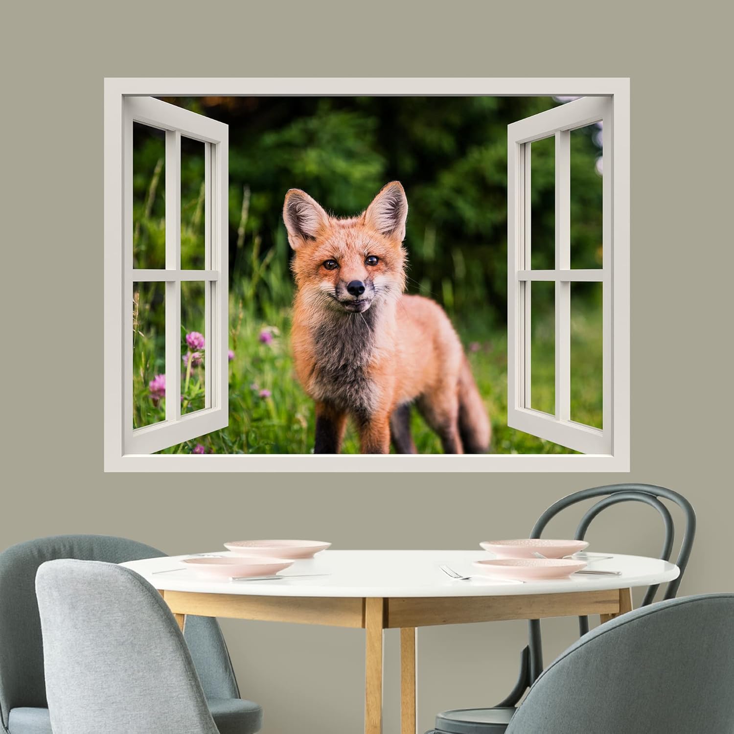 wall26 Removable Wall Sticker/Wall Mural Window View Sly Fox Lush Scenic Green Forest Flower Animals Nature Photography Wildlife Wilderness Portrait for Living Room, Bedroom, Office - 24"x32"