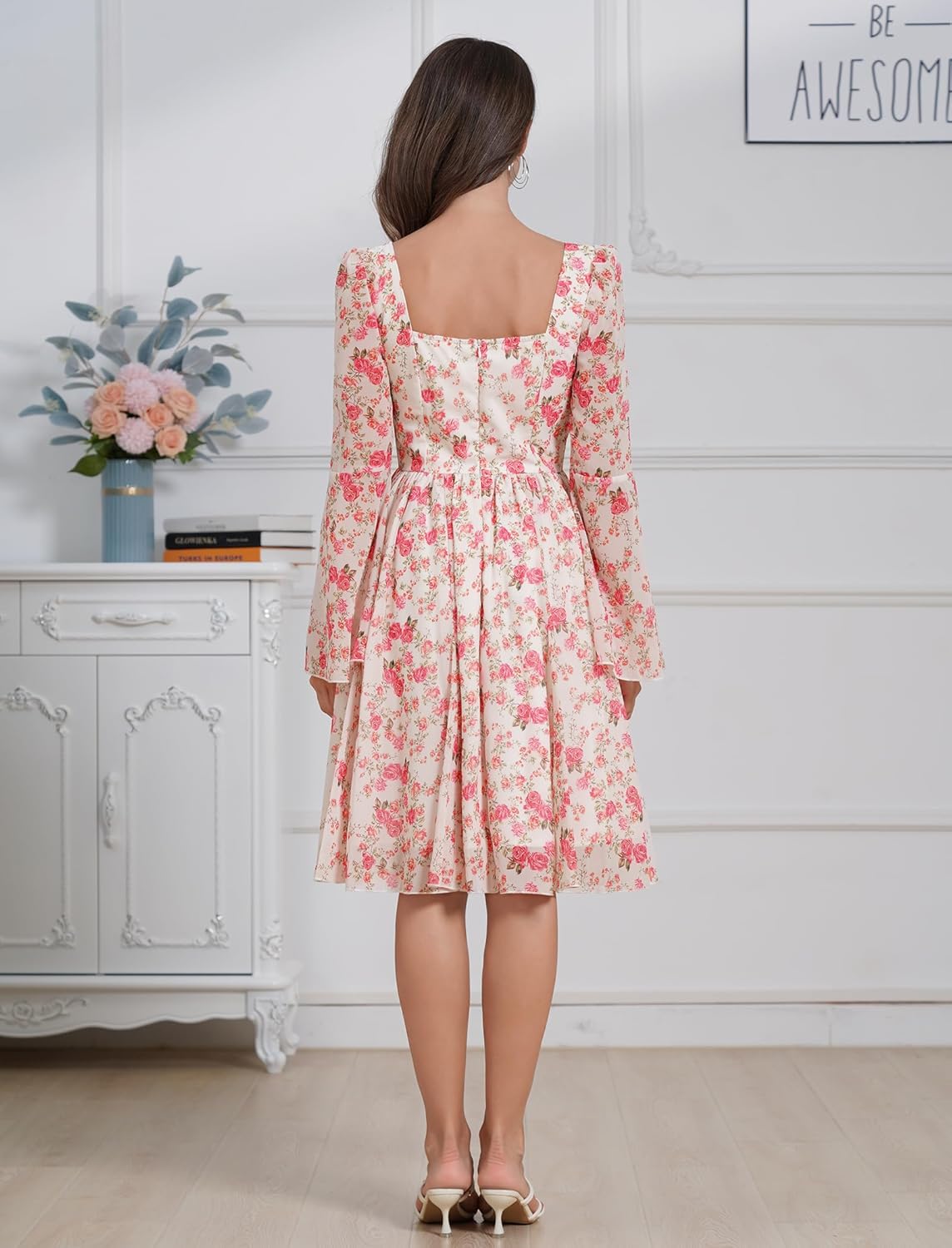 Fall Wedding Guest Dresses for Women Floral Chiffon Dresses Long Bell Sleeve Square Neck Short Ruffle Dress
