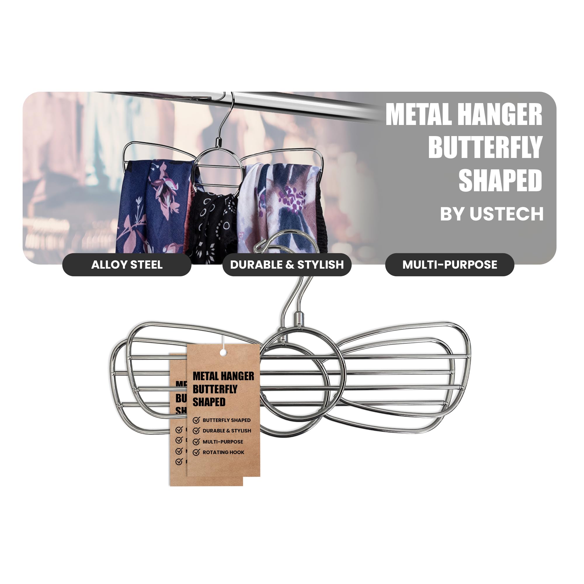 USTECH Metal Hanger Butterfly Shaped Multi-Purpose: Scarf, Hijab, Belt, Tie, and Jewelry | Space-Saving Closet Organizer for Men and Women | Chrome Finish Construction for Durability | 2 Pack