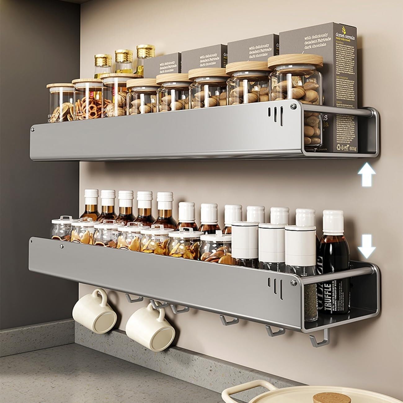 Especiero, especiero para cocina, de pared, especiero colgante con 6 ganchos extraíbles, multifunción, ahorra espacio, para colgar, gris, 60 cm (gris gris, 40 cm)