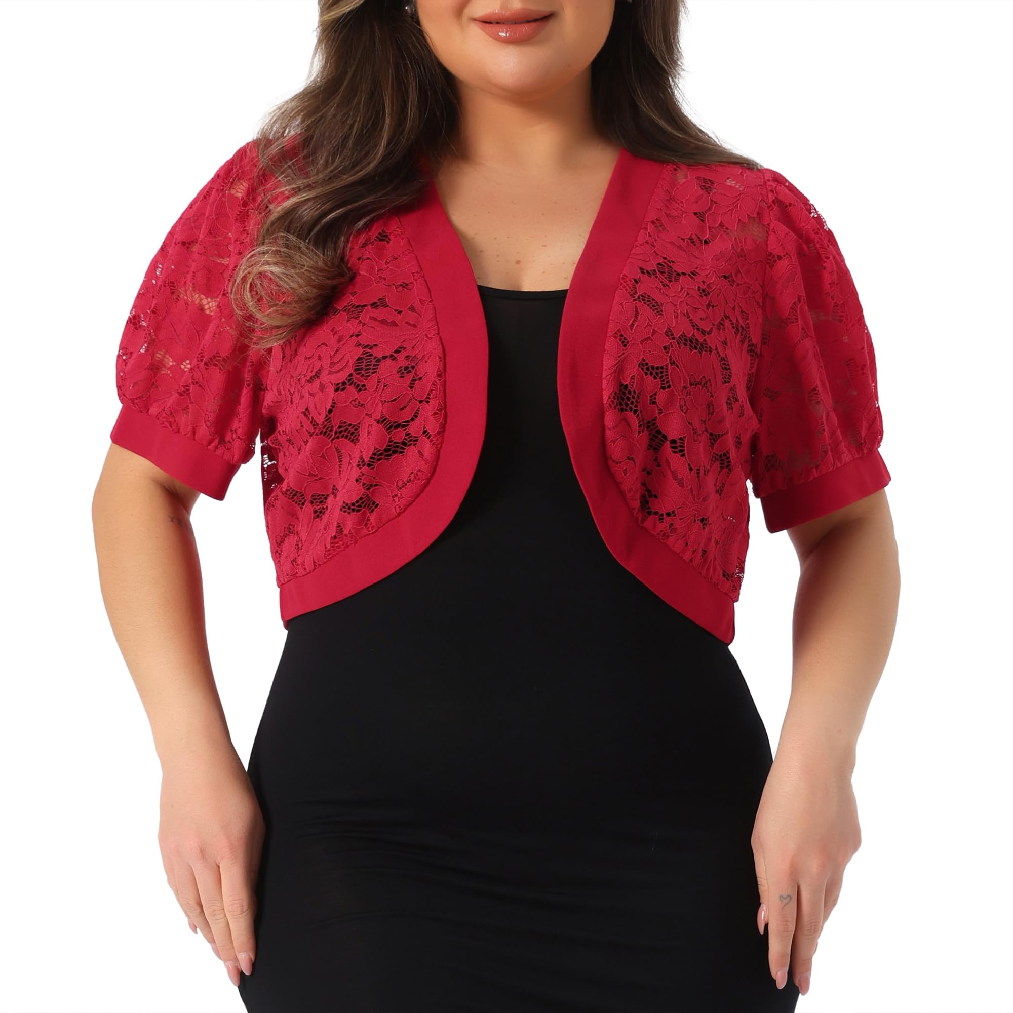 Agnes Orinda Women Plus Size Open Front Short Sleeve Lace Cropped Cardigan | Floral Sheer Bolero Shrugs For Dresses Solid Color Kimonos