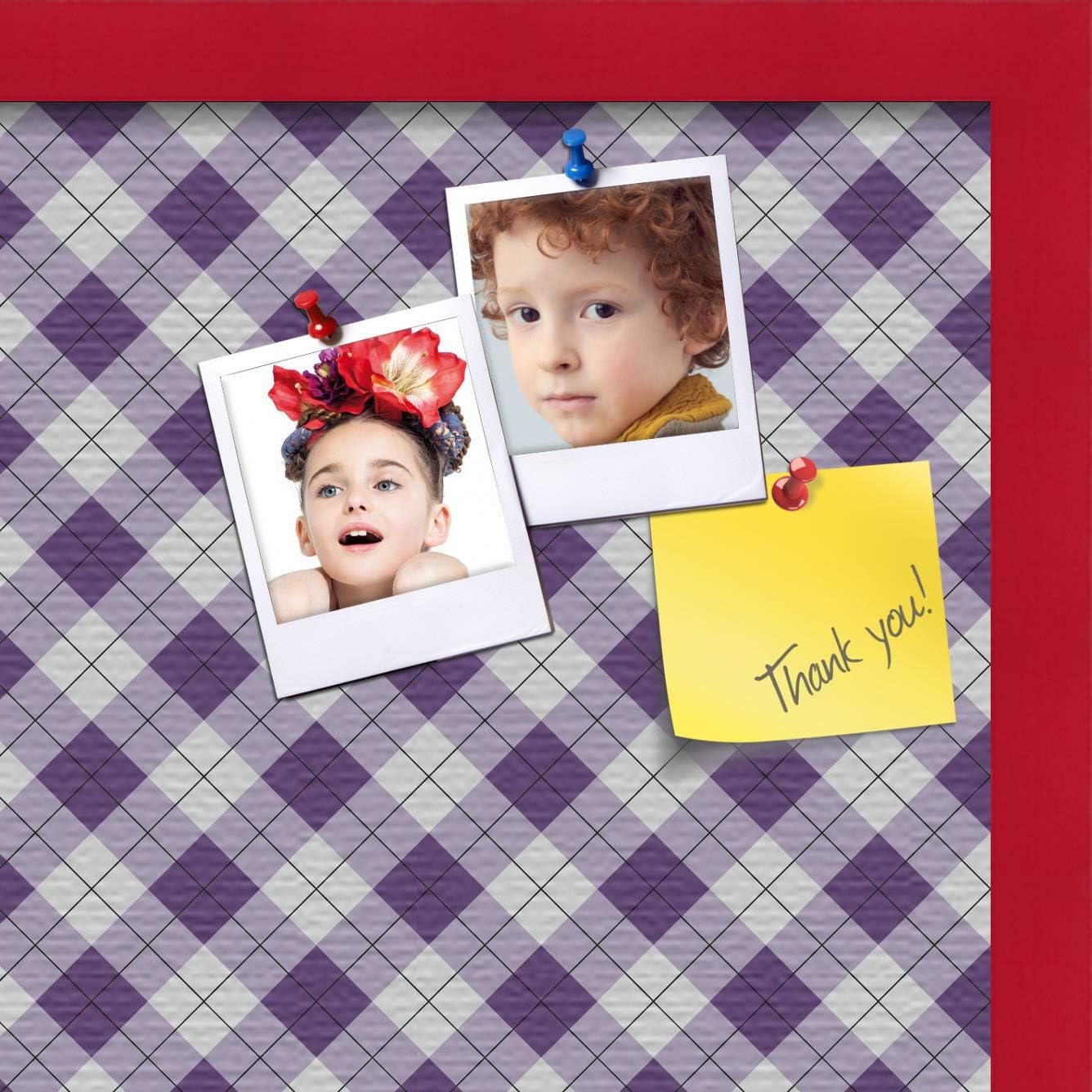 ArtToFrames 20x20 Inch Custom Cork Bulletin Board. This Argyle Purple Pin Board Comes with a Fabric Style Canvas Finish, in a Red Stain on Beech Frame (PinPix-633-20x20_0066-81792-YRED)