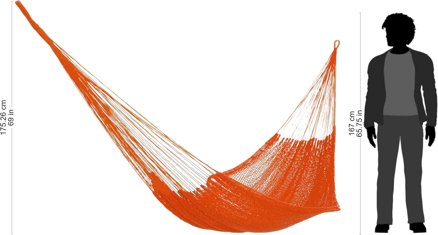 NOVICA Bright Orange Hand Woven Cotton Mayan 1 Person Rope Hammock with Hanging Accessories, 'Mango Paradise' (Single)