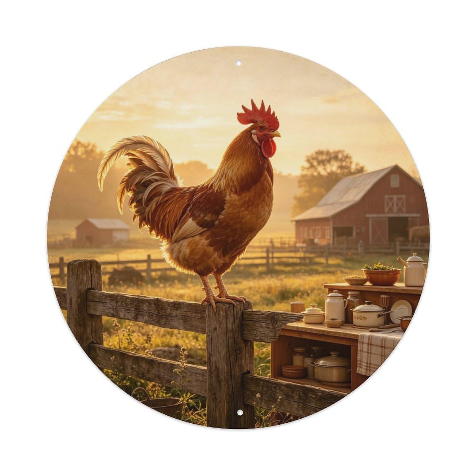 Vintage Rooster On Farm Fence Metal Tin Sign Plaque