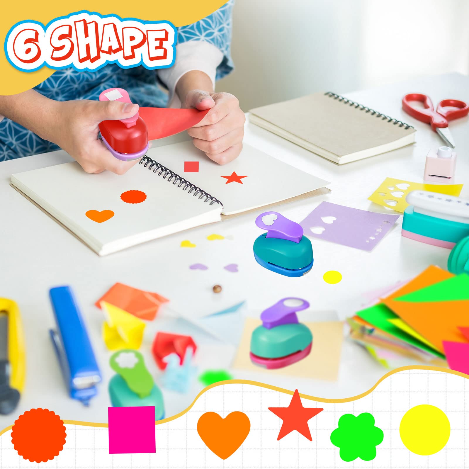 Craft Holes Punch - Punzoni per carta da 3,6 cm, con carta adesiva, rotonda, stella, quadrata, cuore, fiore, forma a cerchio a onde (36 pezzi)