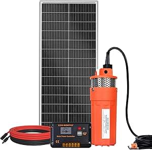 DCHOUSE Bomba de Agua Solar 100W para Pozo Profundo, 12V DC, Acero Inoxidable, Bajo Ruido, Gran Caudal, con Panel Solar 100W para Riego y Suministro de Agua