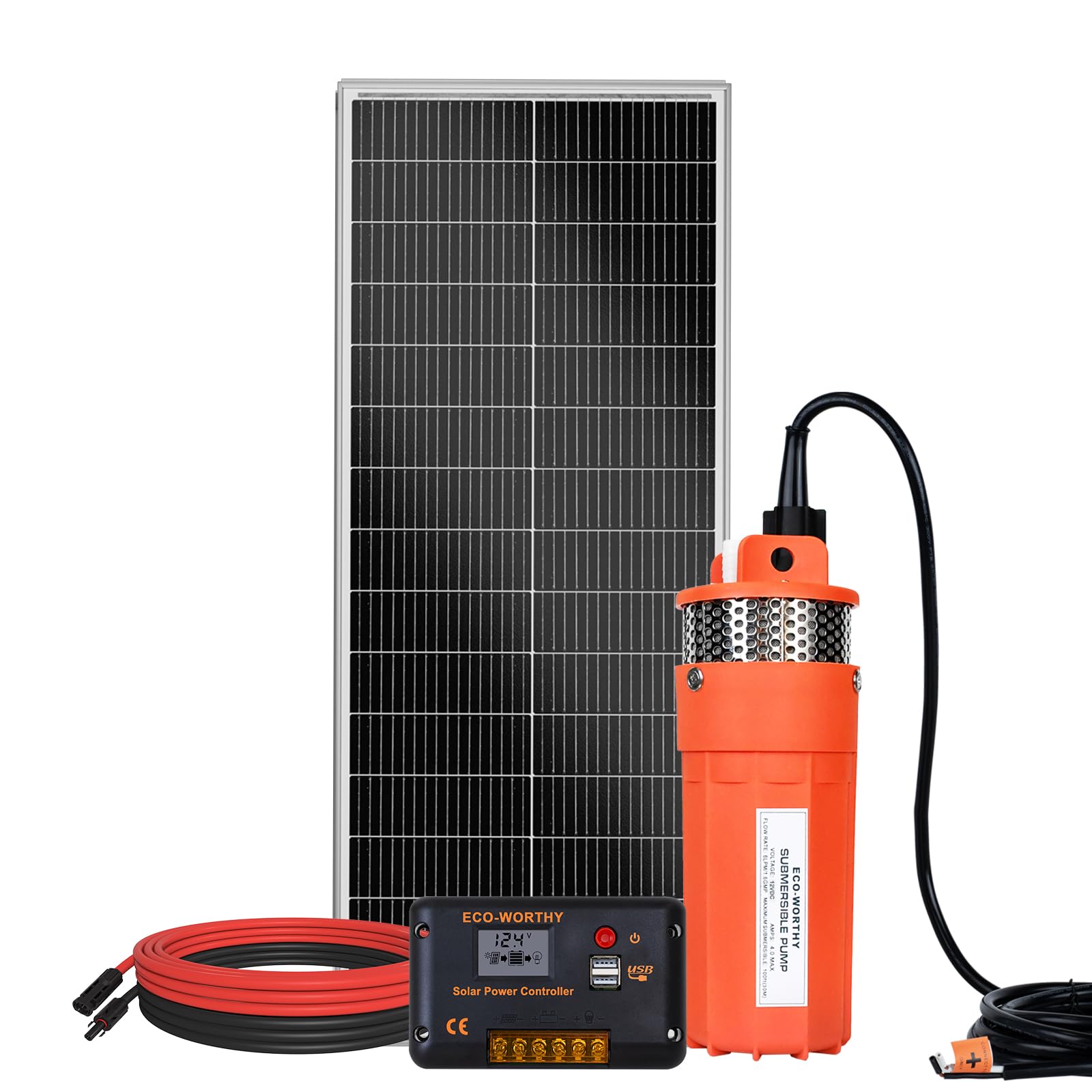 DCHOUSE Bomba de Agua Solar 100W para Pozo Profundo, 12V DC, Acero Inoxidable, Bajo Ruido, Gran Caudal, con Panel Solar 100W para Riego y Suministro de Agua