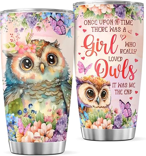 Vaso de café con tapa con diseño de búho, bonito regalo de cumpleaños para niñas, adolescentes y mujeres, taza aislada con flores, vasos térmicos