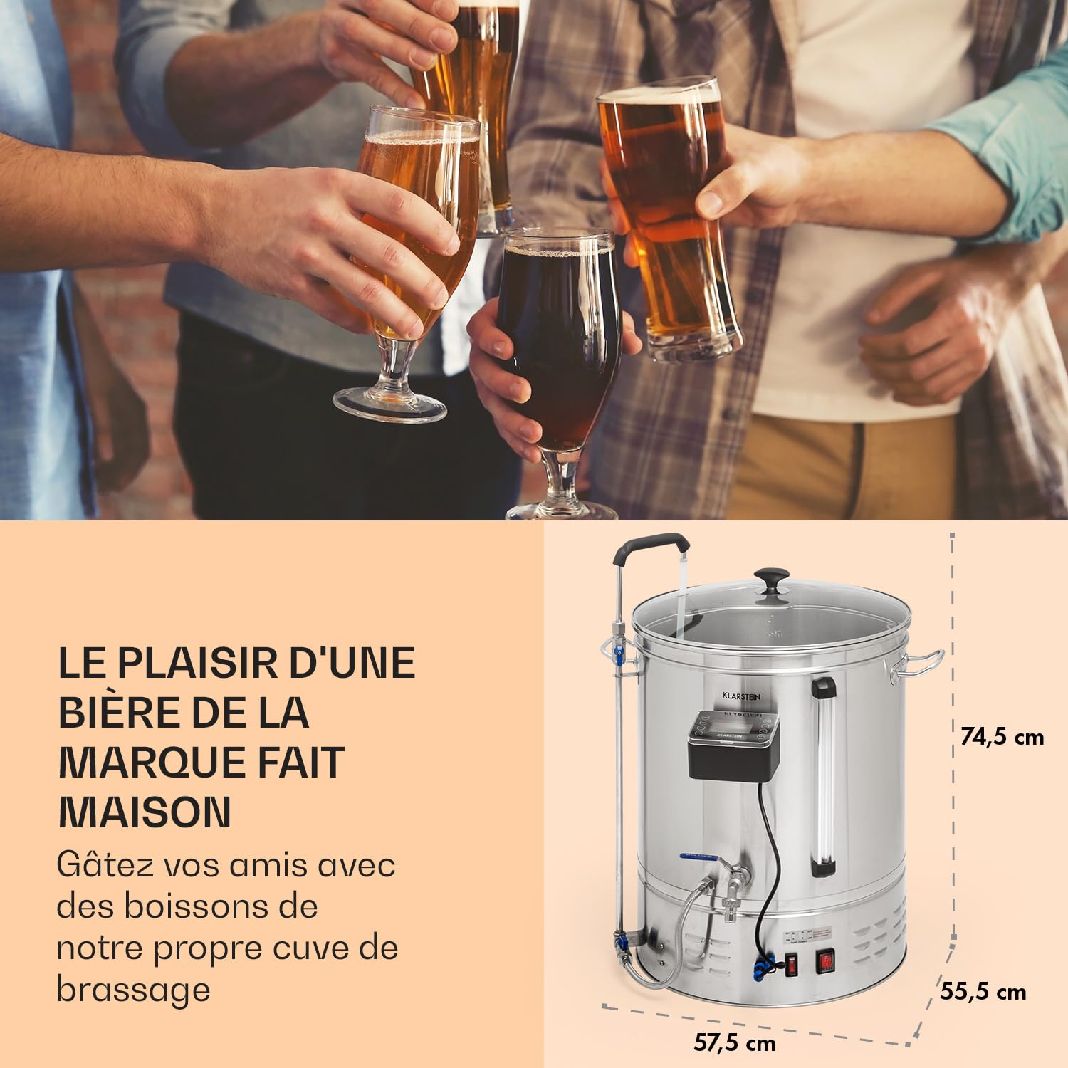 KLARSTEIN Kit Biere a Faire Soi Meme, Kit de Brassage Bière Complet avec Cuve de Brassage de 3300W, 65L, Acier Inoxydable, Mode Automatique, Fabrication Biere, Cuve de Fermentation, Brasseur