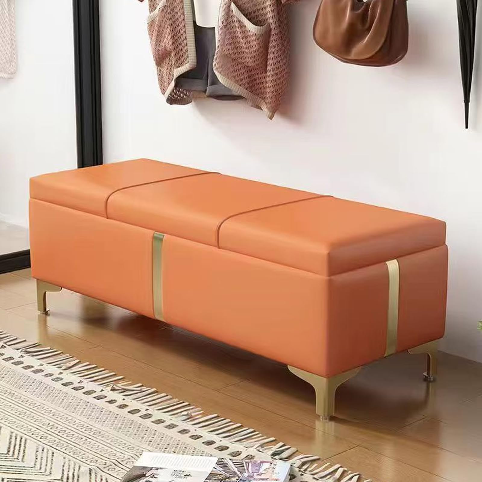 SXZenSpace Compact Upholstered Storage Bench for Bedroom Footrest Ottoman Bed Leather Side with Metal Legs Orange 80cm Stylish & Functional Furniture