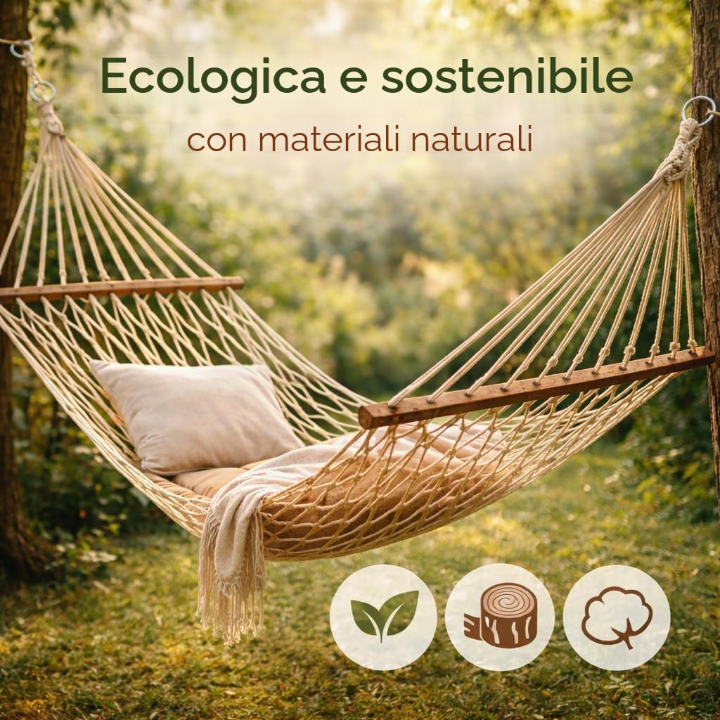 Amaca Macramé in cotone 270 x 80 cm (zona utile 190 x 80 cm), Amaca in rete stile boho per giardino, terrazza, interno, campeggio, camper o caravan,