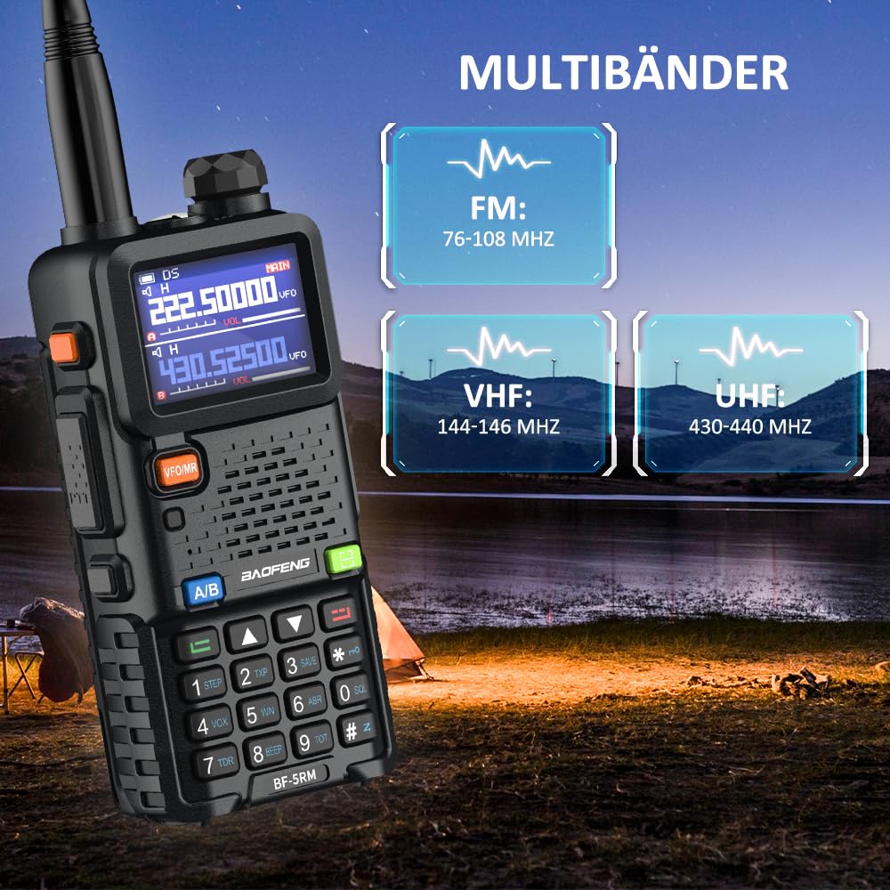 BAOFENG 5RM Dualband Funkgerät für UHF VHF Lizenziert erforderliches Amateurfunkgerät Leistungsstarkes Handfunkgerät Große Reichweite 999 Kanäle FM Radio VOX DTMF Walkie Talkie mit 2500mAh Akku
