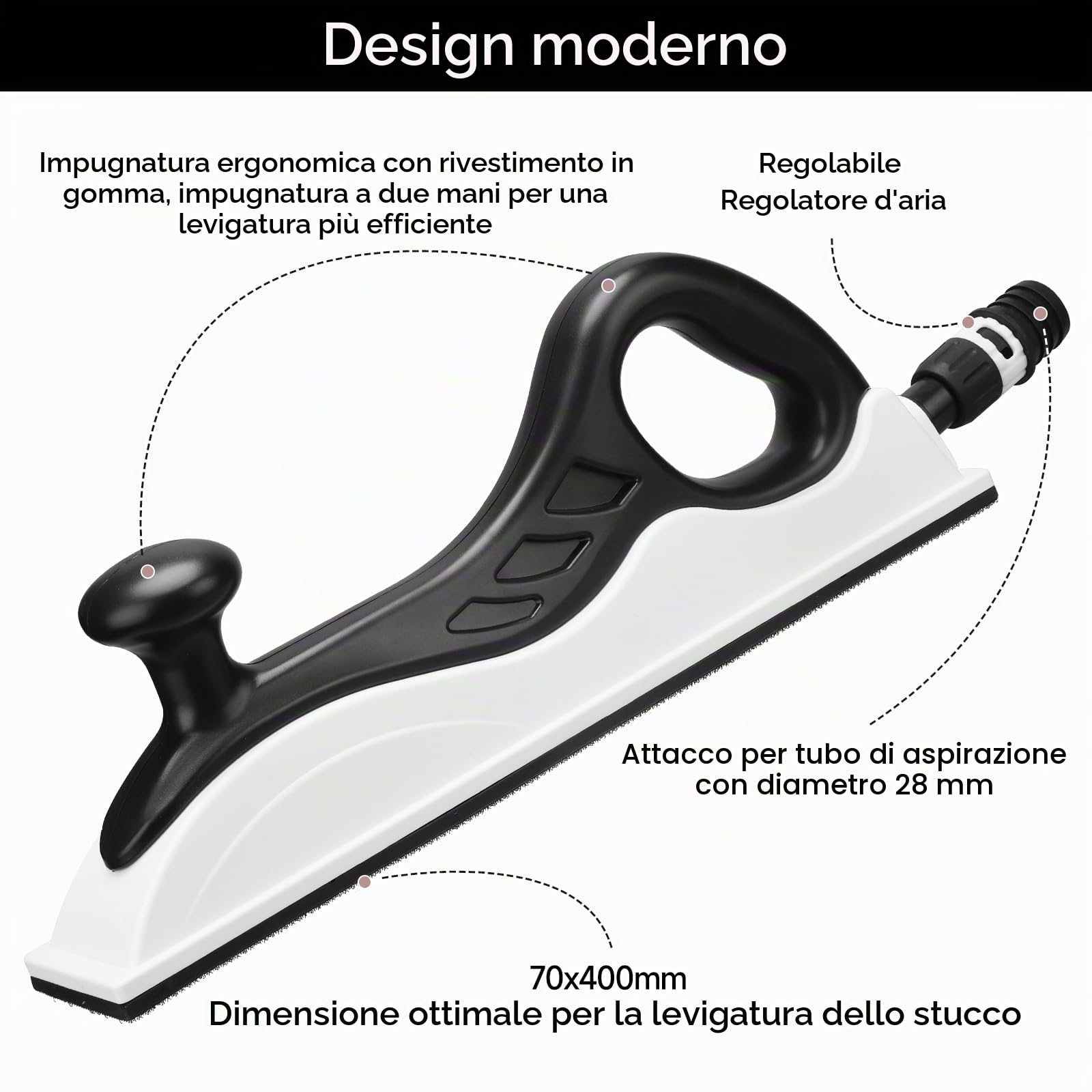 Levigatrice manuale con aspirazione, 400 x 70 mm, aggiornata con lunghezza aggiuntiva, con 5 strisce abrasive a rete, grana P80 P120 P180 P240 P400, levigatura senza polvere