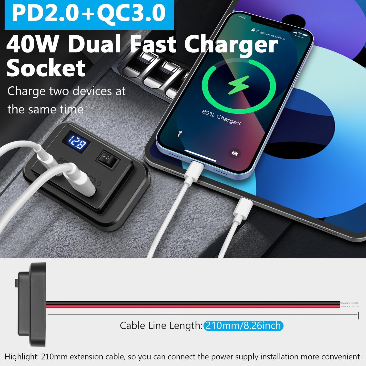 Presa USB Auto 12V Dual - Con Voltmetro LED E Interruttore, 40W PD E QC3.0