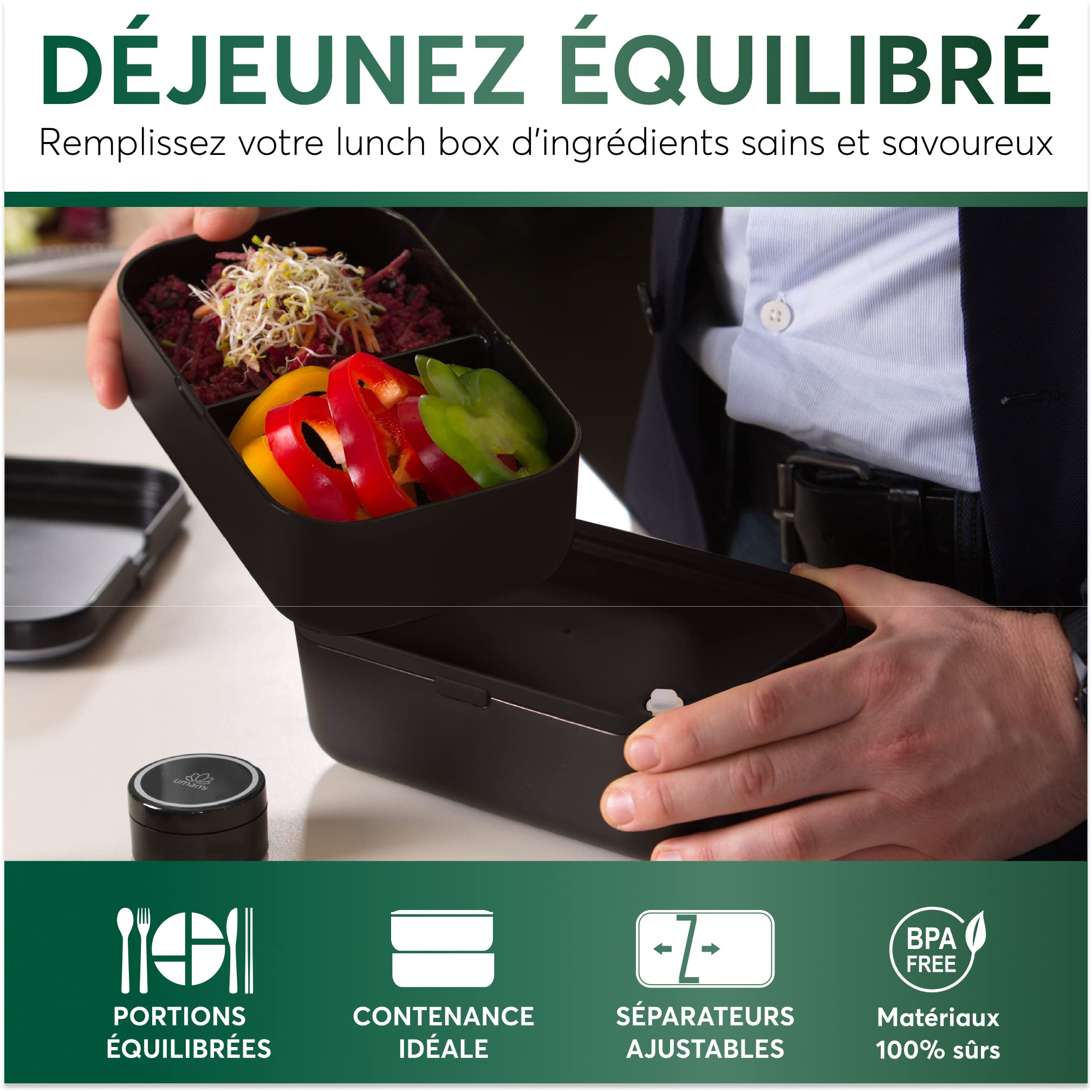 Umami Bento Lunch Box, 2 Pots à Sauce & Couverts en Bois Inclus, Lunchbox Micro-Ondable, Boîte à lunch Adulte, Boîte Repas Compartimentée, Boîte Bento Lunch Box, Bento Box