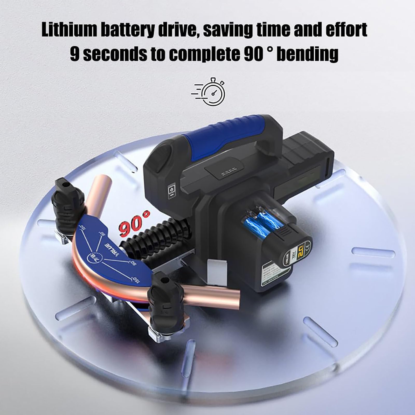 Curvatubi senza fili per tubi in rame da 6-22 mm, funzionamento a batteria, funzionamento con un solo pulsante, deflettore a sgancio facile, misura 7 in 1
