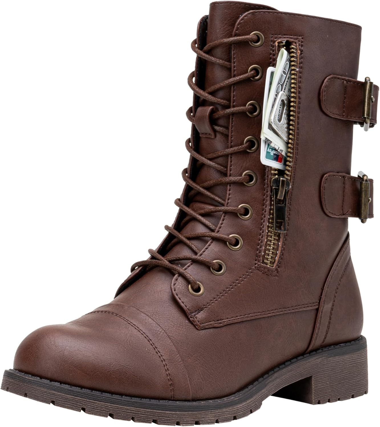 Vepose Women's Combat Boots Low Heel, Mid Calf Military Boots with Card Knife Wallet Pocket