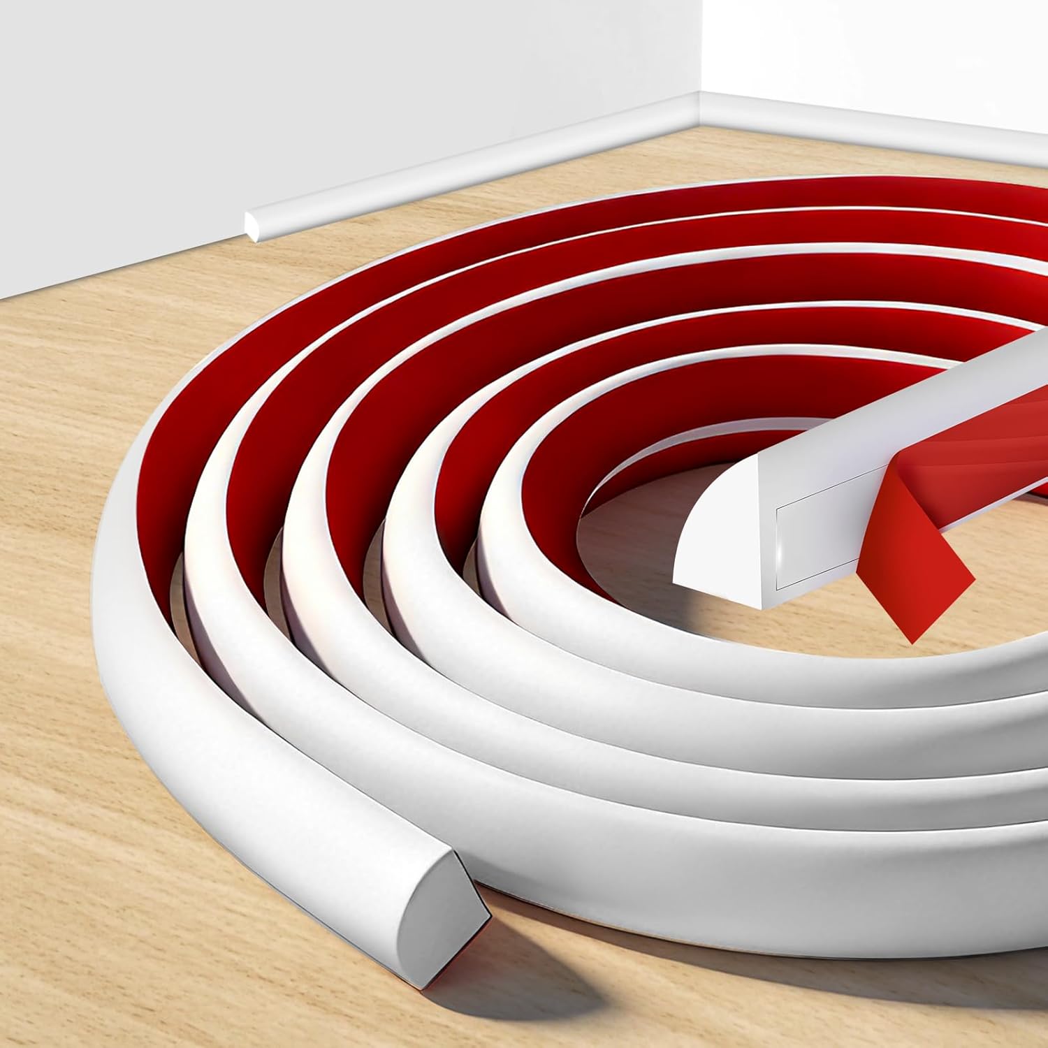 40 FT Flexible Quarter Round Molding Trim Roll, 1/2 in Radius Silicone and Rubber Peel and Stick, White Flexible PVC Trim Self-Adhesive for Wall Floor Corner Staircase Tub Cabinet Edge