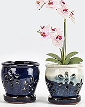 Vensovo 4 Inch Ceramic Orchid Pots with Drainage Holes and Saucers, 2 Pcs Small Planters for Orchids Succulents Repotting, Indoor Outdoor Ceramic Flower Pots for Healthy Root Growth (Blue, Blue Mixed)