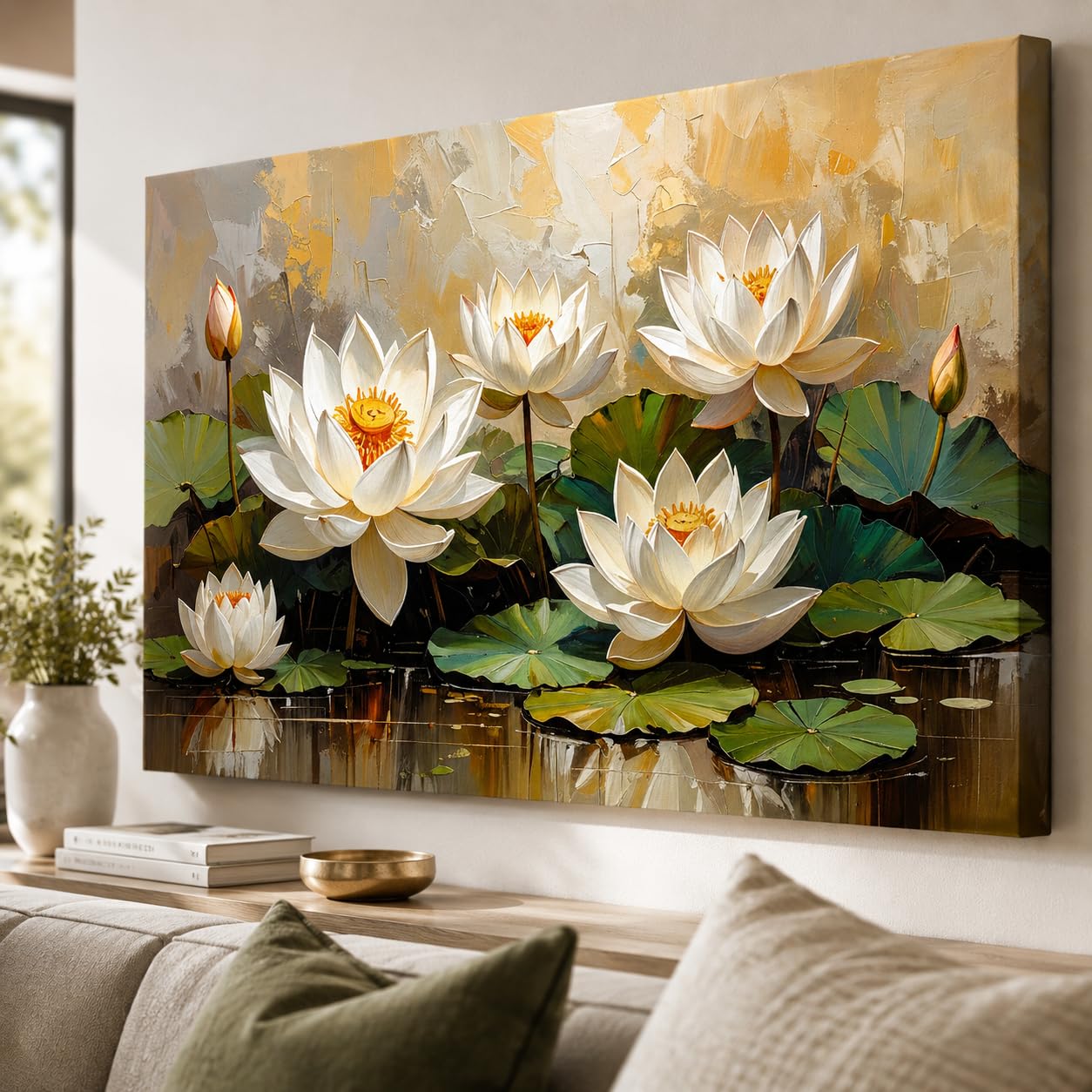 KunjCart Lotus Wall Painting Big Size – Artistic Lotus Painting for Wall Vastu Landscape, Lotus Flower Painting for Living Room, Bedroom & Home, Luxury Lotus Canvas Painting Without Frame (36 x 24 Inch, Rolled Canvas Only)-image-10