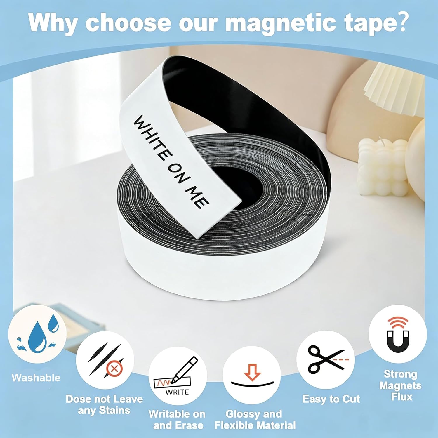 Dry Erase Magnetic Label Roll, 1 in x 36ft - Reusable Whiteboard Magnet Post It Notes Self-Cut Strips for Toolbox, Cabinet, Whiteboard, Classroom, Garage & Warehouse Organization, White image 3