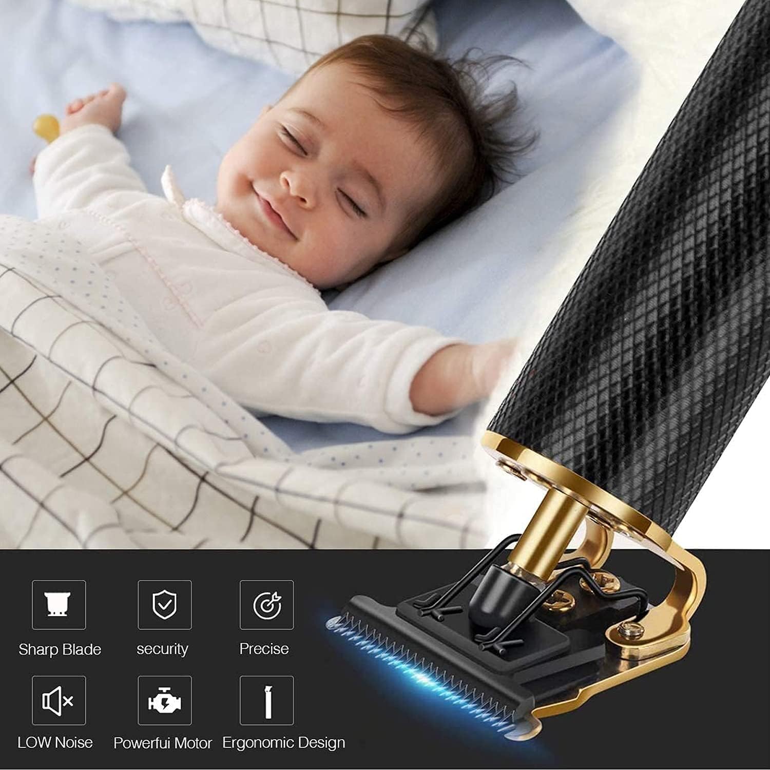 Image depicting the hair clippers in use near a sleeping baby, emphasizing low noise, powerful motor, ergonomic design, sharp blade, security, and precision.