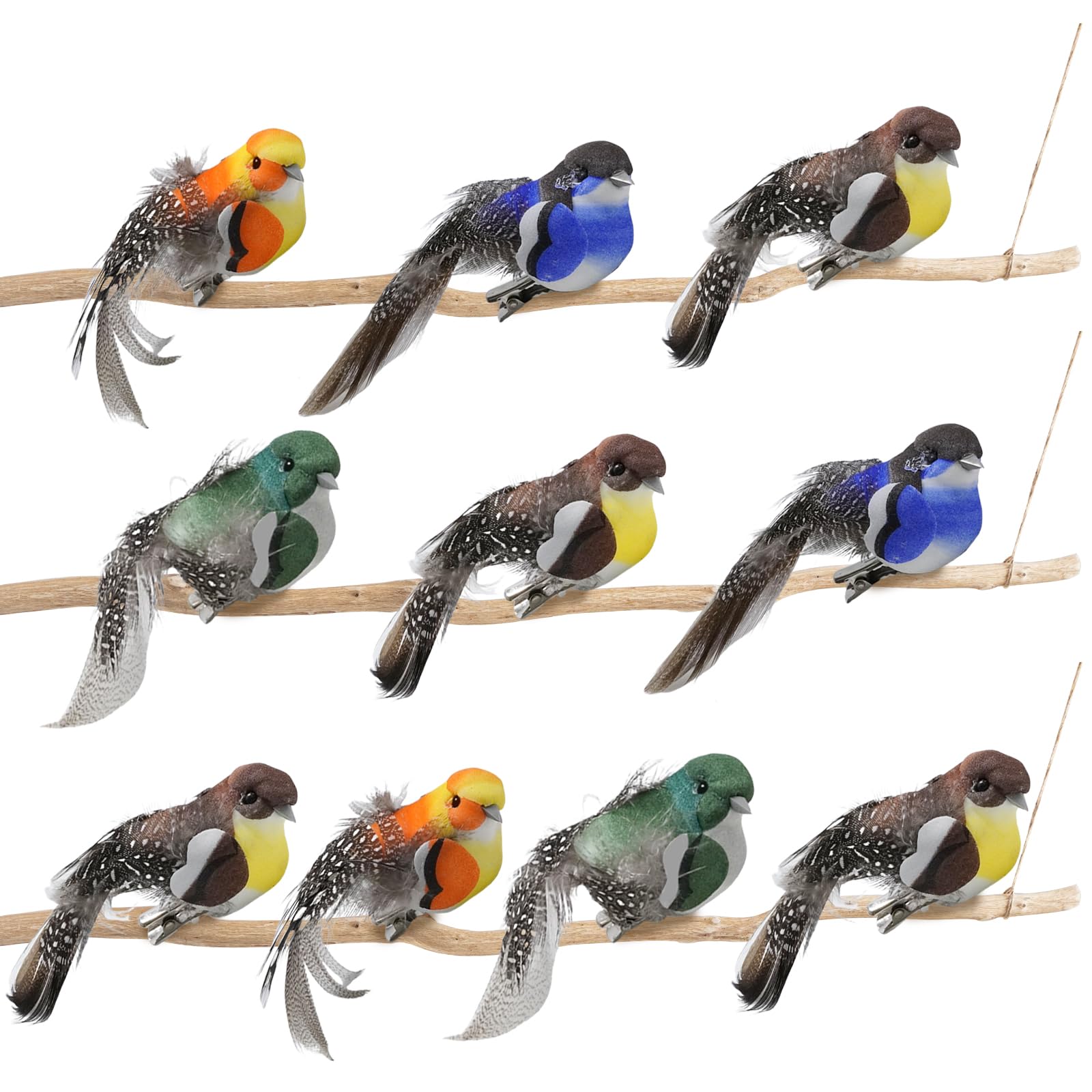 Hoypeyfiy 10PCS Colorful Artificial Birds, Soft Resin Feather Decorations with 360° Rotatable Metal Clips, Mini Fake Birds for Christmas Tree Party Home Garden DIY