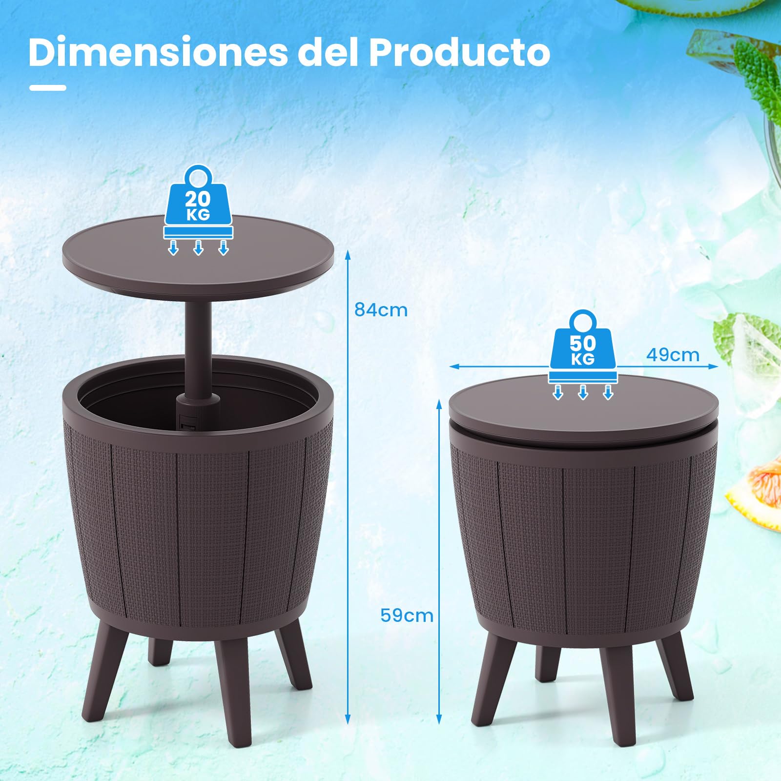 COSTWAY 2 en 1 Mesa Nevera para Jardín, 30 L, Cool Bar para Cerveza y Vino con Tapa Elevable y Tapón de Drenaje, Mesa Auxiliar, Mobiliario Patio, Mesa Cóctel para Piscina, Terraza y Camping (Marrón)