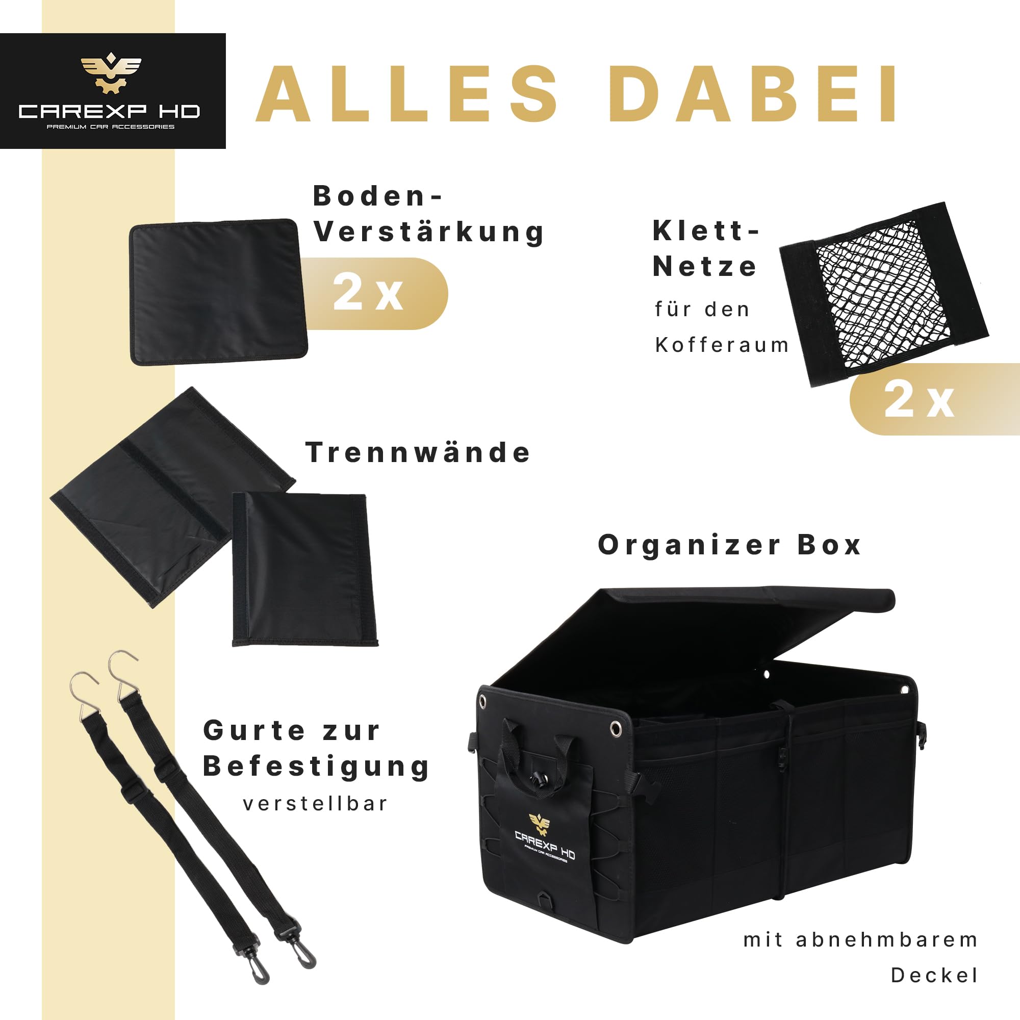 Organizador de maletero con tapa – Bolsa plegable para maletero como práctico organizador de coche, incluye compartimentos laterales, compartimentos interiores y asas de transporte