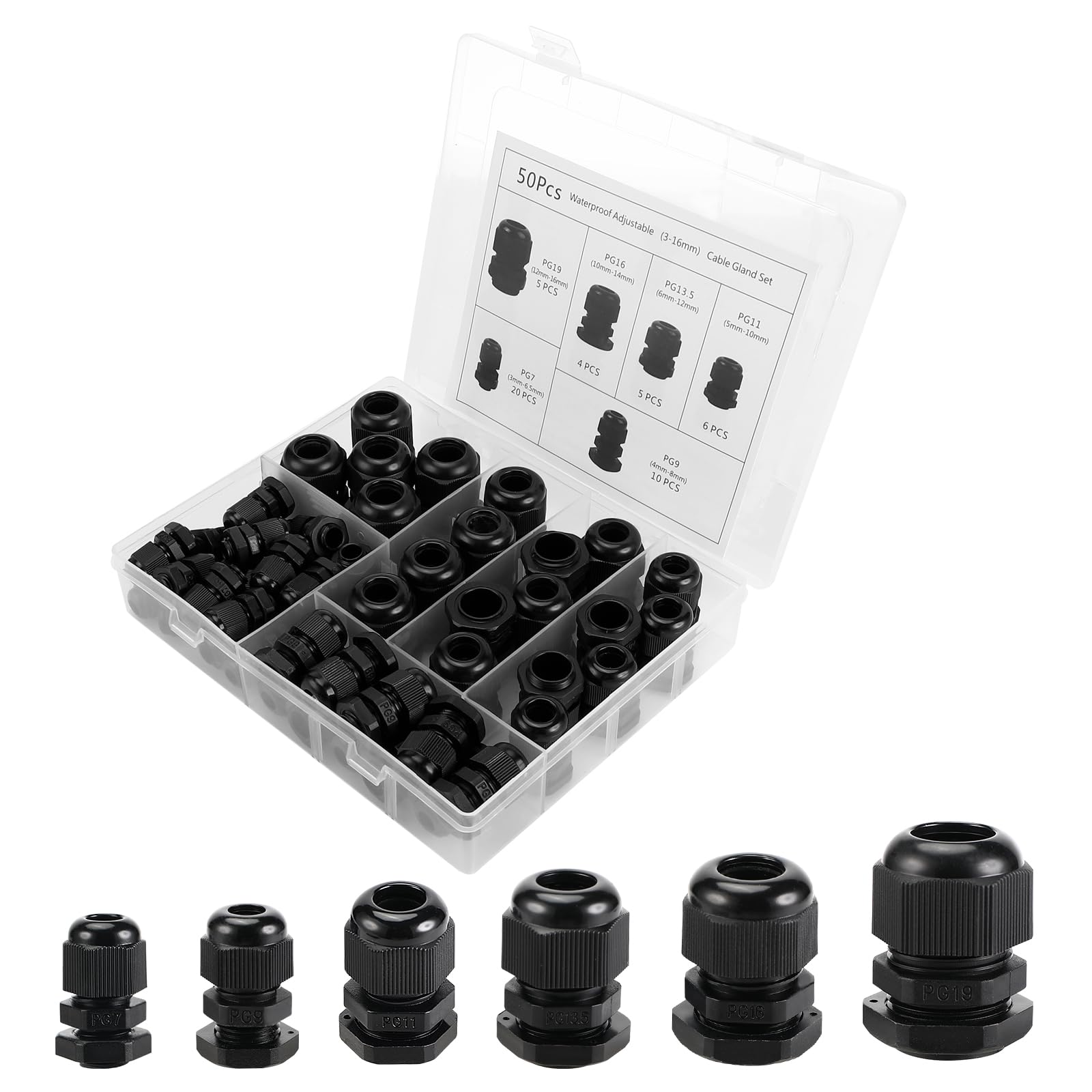 Presse Étoupe, 50 Pièces Presse Étoupe Étanche en Nylon, PG7 PG9 PG11 PG13,5 PG16 PG19 Réglable Connecteurs Glandes pour Maison Jardin Éclairage d'extérieur Câble