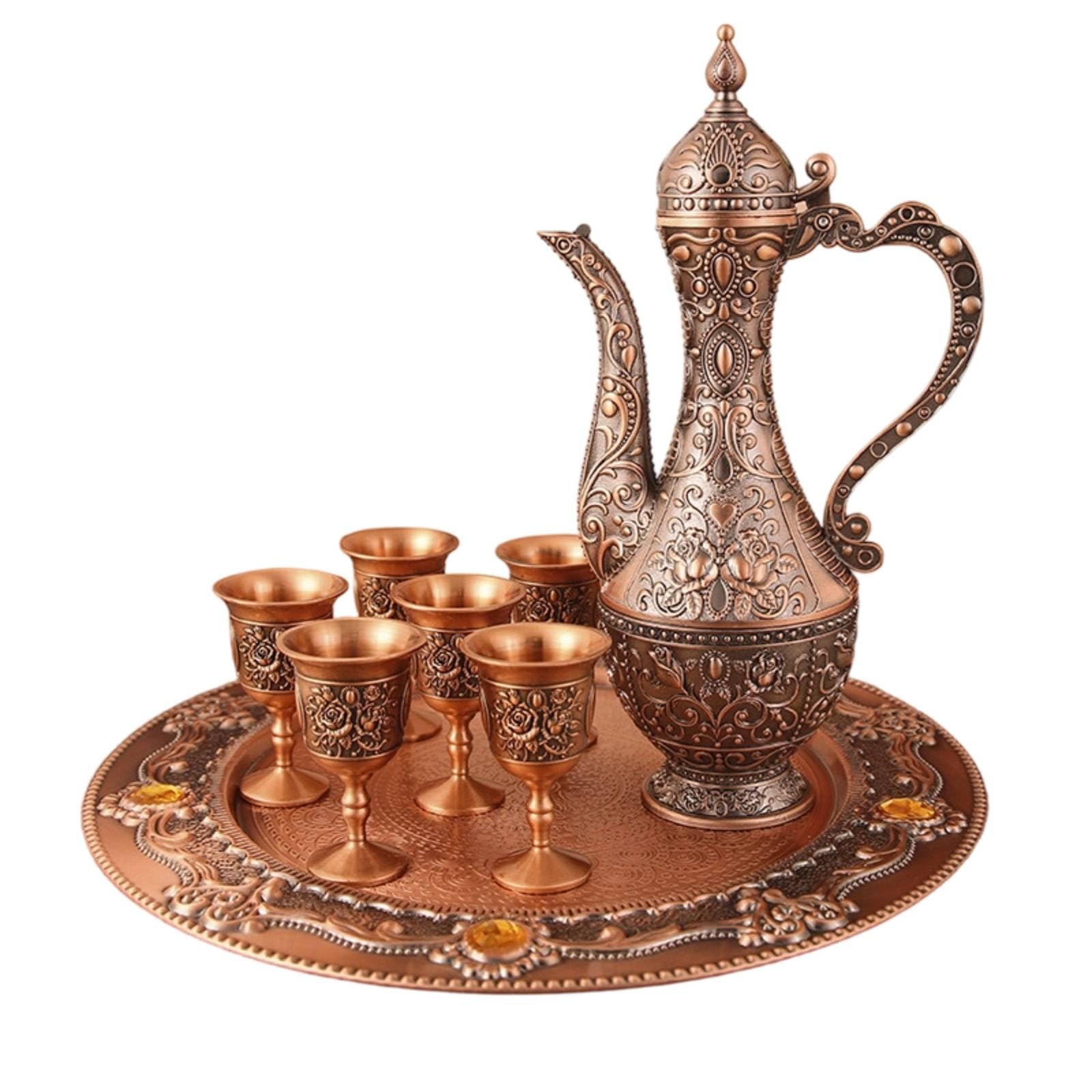 Gralara Service à Liqueur avec Plateau Gaufré Service à Liqueur en Métal Chinois Vaisselle pour Collectionneurs, Fêtes, Cuivre Antique, Rose Antique Rouge