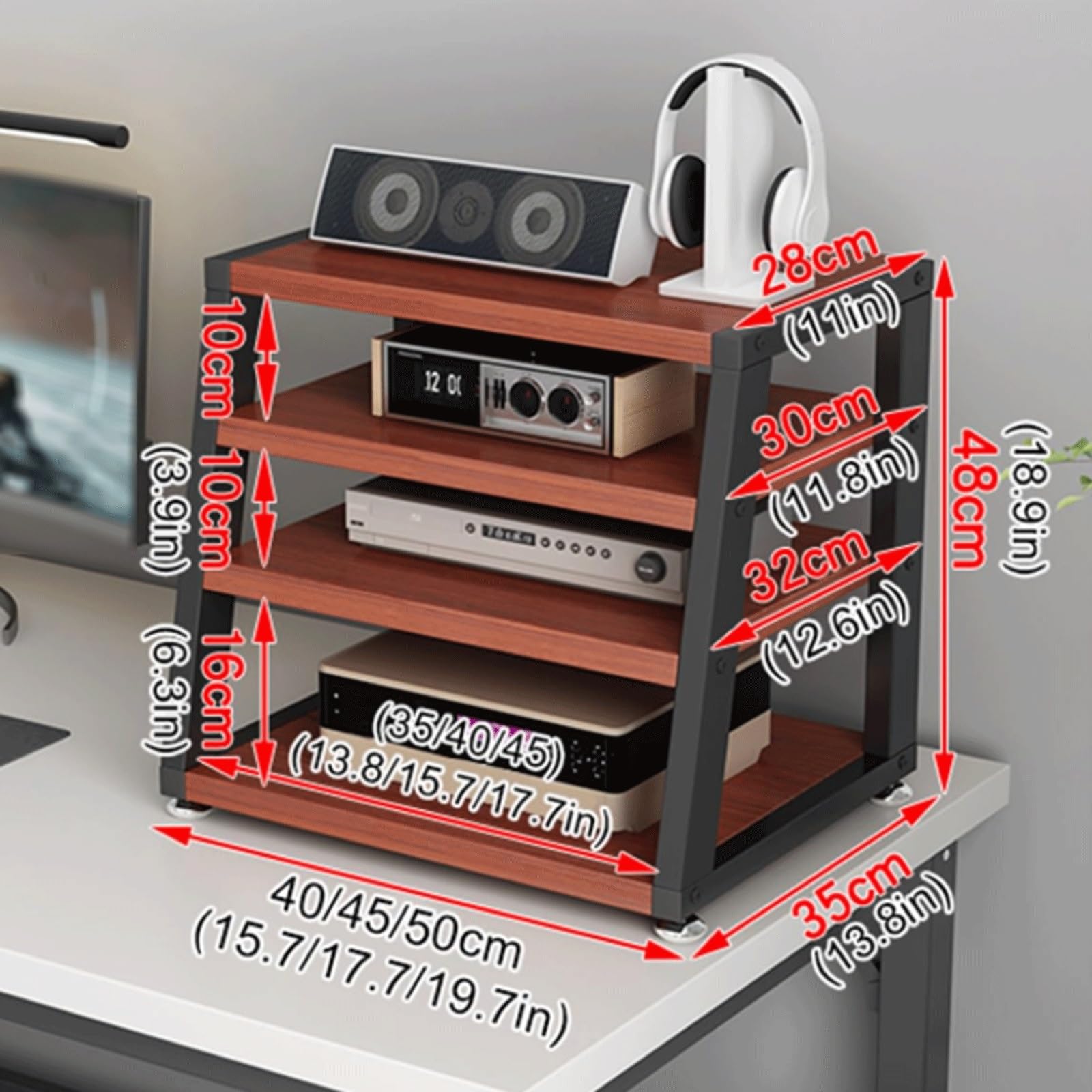 Stand 2/3/4 Tier Av Media Stand Desktop Av Komponent Entertainment Stand Trapezowy stojak audio wieża drewniana szafa stereo do domowego biura salonu, Nero-45x35x48cm